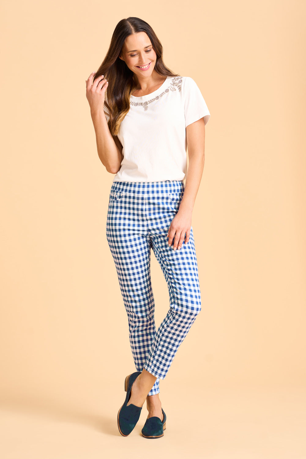 Bengajean® Women's 7/8 Skinny Leg Jeans - Azure Blue Gingham Check Stretch Denim Pants | Casual Wear, Office Outfit & Weekend Style