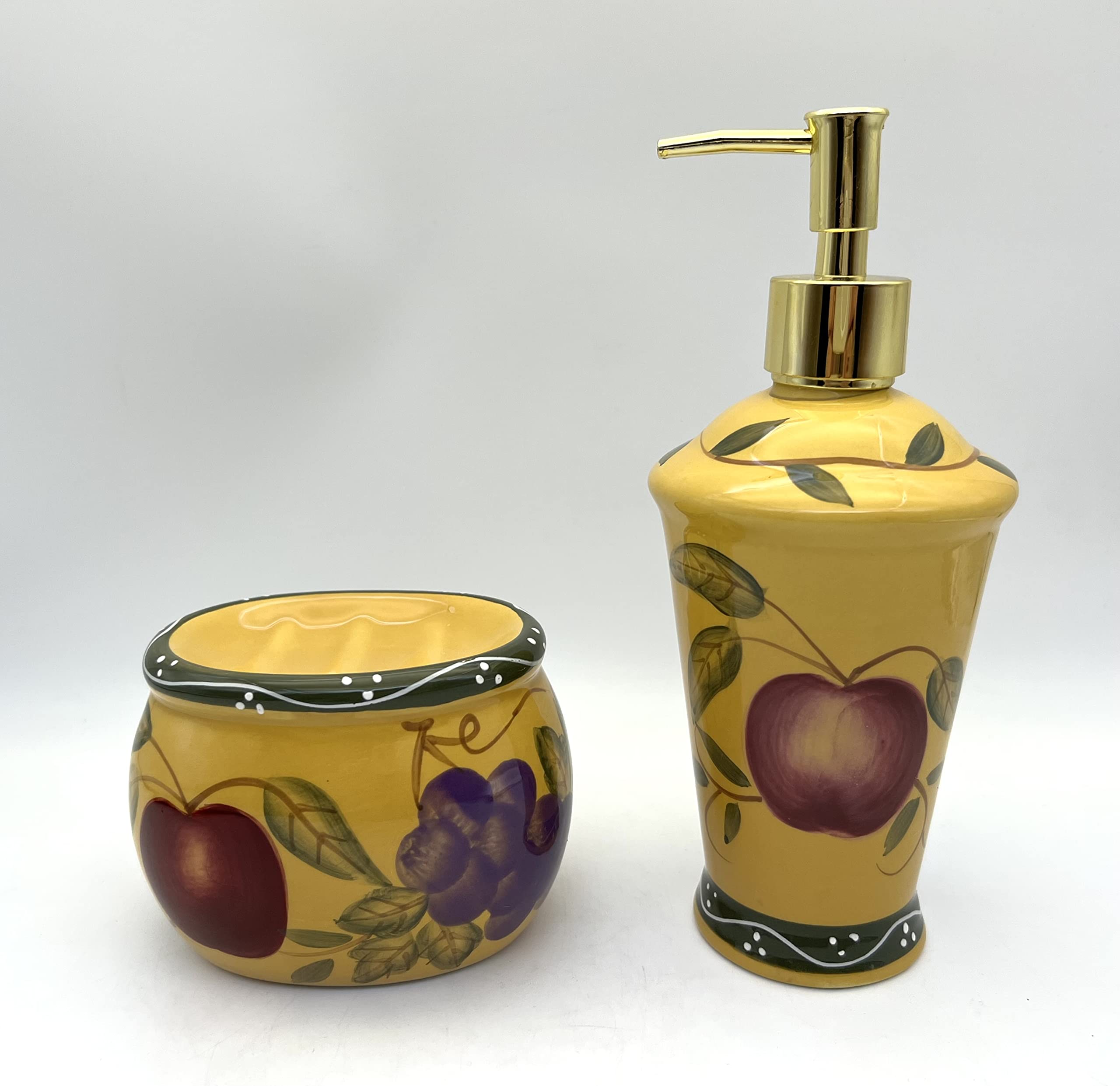 Tuscany Mixed Fruit Hand Painted Ceramic Soap Dispenser & Scouring Pad Holder - Bathroom & Kitchen Countertop Organizer for Sponges, Brillo Pads & Liquid Storage | Perfect for Farmhouse, Rustic Decor & Small Space Organization