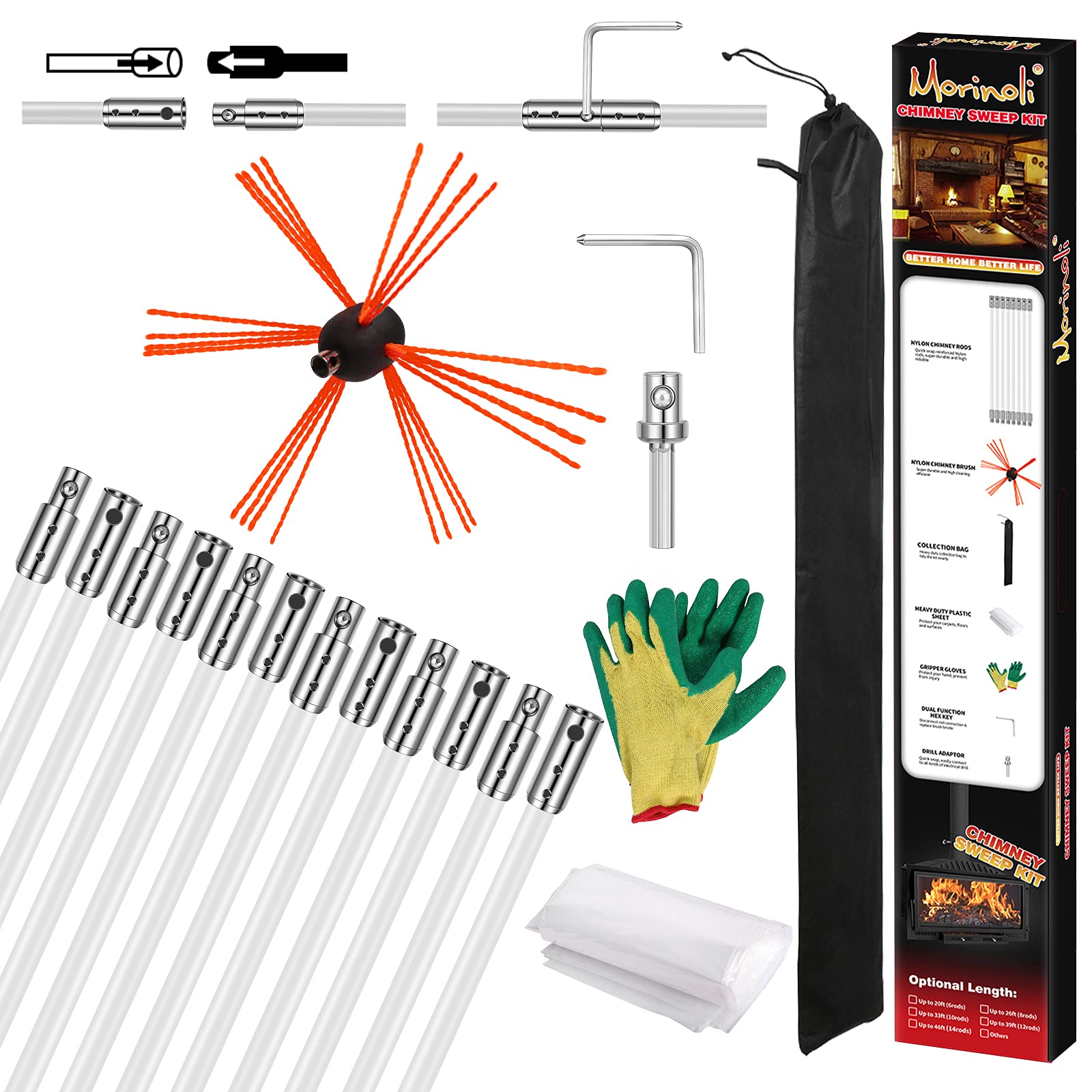 Morinoli 39ft Chimney Cleaning Kit with Chrome Button Locking System - 8 Flexible Rods, Chimney Brush & Professional Cleaning Tools for Fireplace Maintenance & Soot Removal