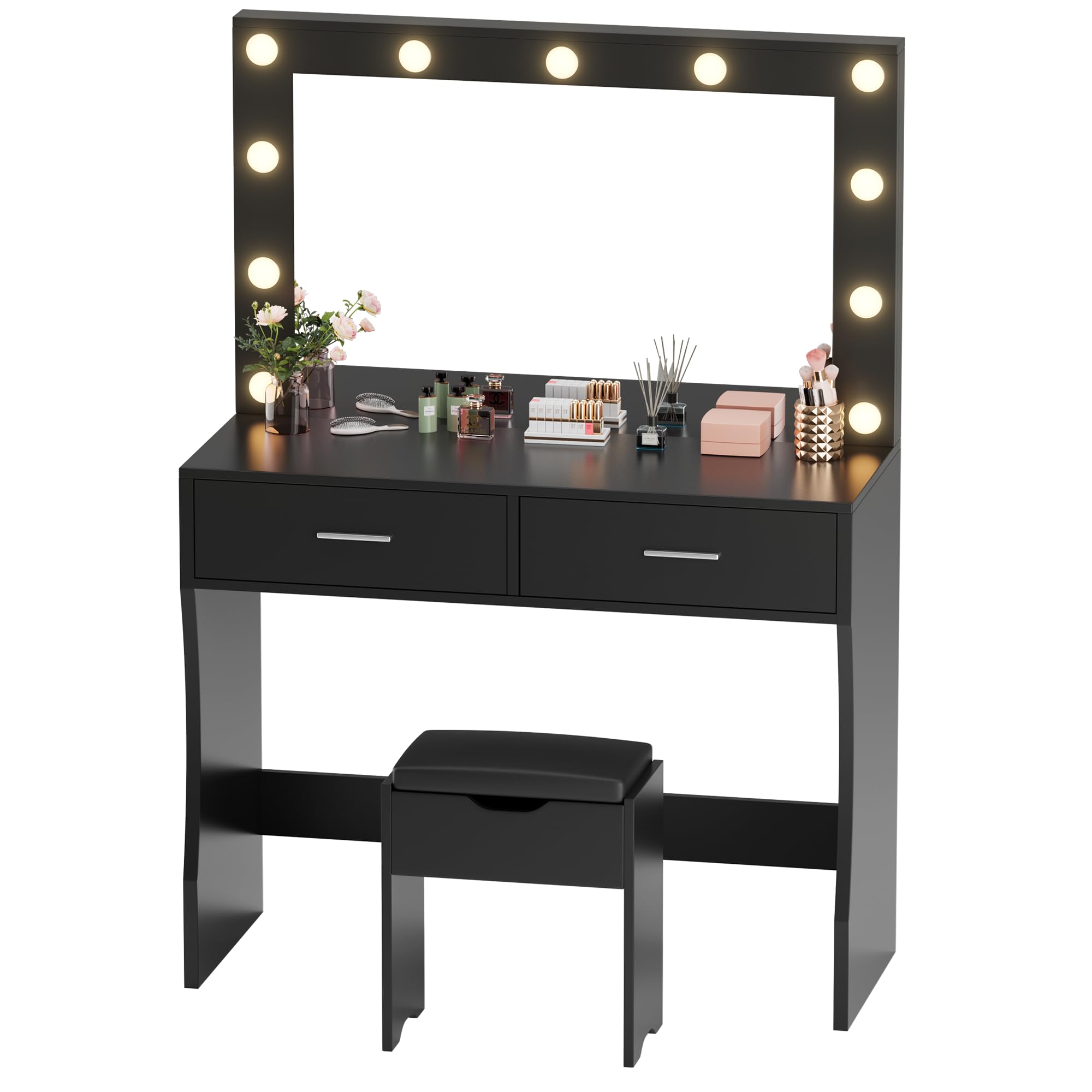 YESHOMY Vanity Desk with Mirror - Makeup Dressing Table with 11 Adjustable LED Lights, 2 Spacious Drawers & Soft-Padded Stool - 3 Lighting Modes Touch Control - Modern Bedroom Vanity Set for Women (Black) | Perfect for Makeup Application, Skincare Routine & Home Decor
