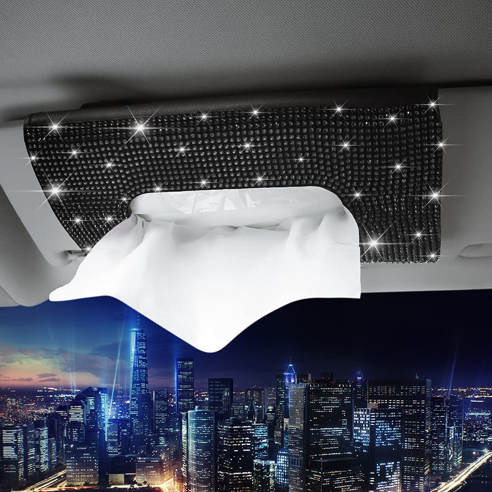 Black Rhinestone Car Tissue Holder - Sun Visor Napkin Holder with 1 Refill Pack | Perfect for Road Trips, Commuting & Car Organization
