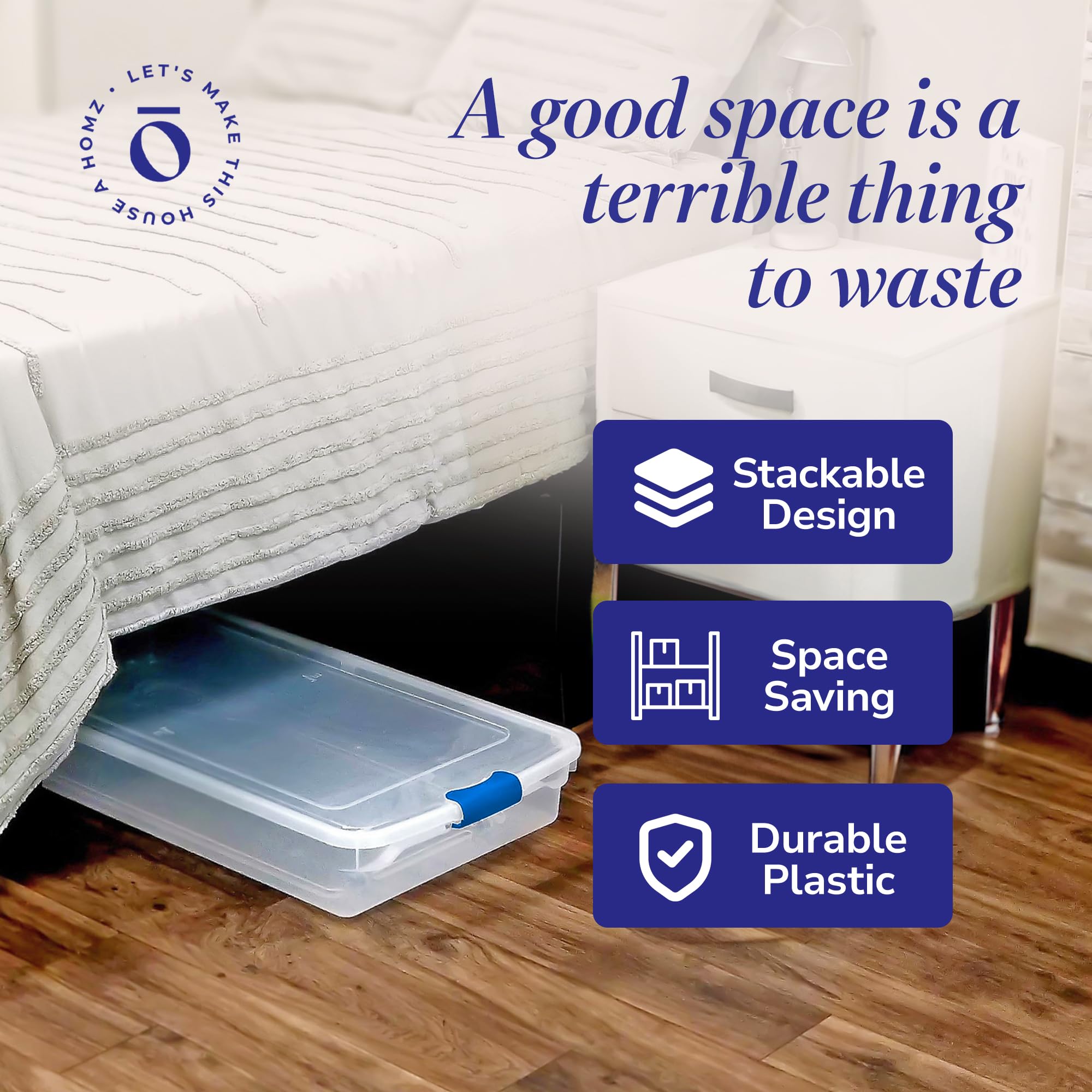 HOMZ 2-Pack Under Bed Storage Bins with Lids - 60 Quart Clear Plastic Organizer Boxes with Secure Blue Latches - Perfect for Clothes, Shoes, Blankets & Seasonal Items Storage