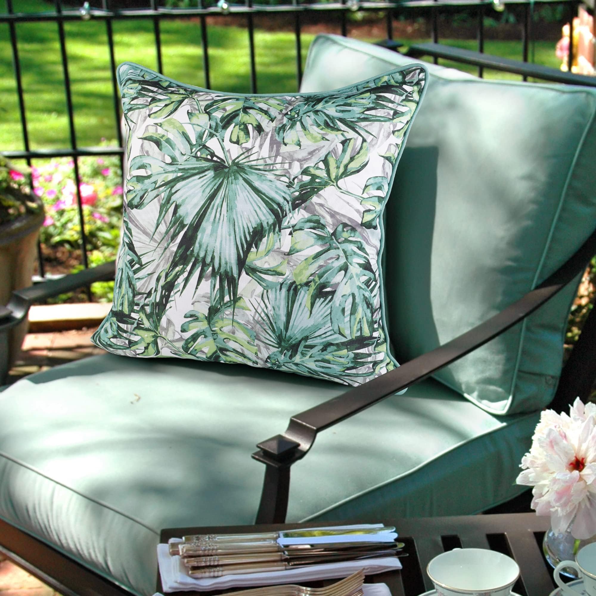 2 Pack Waterproof Tropical Leaf Throw Pillow Covers 20x20 Inch - Indoor Outdoor Decorative Green Palm Leaf Pillow Cases for Sofa, Couch, Patio Furniture, Garden Bench - Perfect for Summer, Boho & Coastal Home Decor