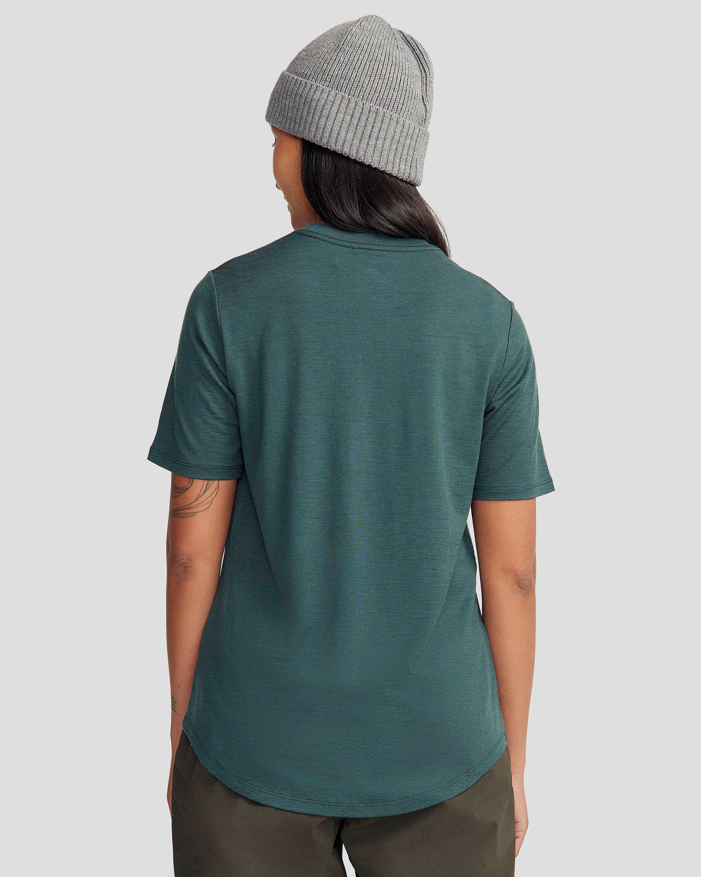 100% Merino Wool Short Sleeve Crew Neck T-Shirt for Women - Soft & Breathable Summer Top in Deep Forest Green - Perfect for Hiking, Travel & Outdoor Activities