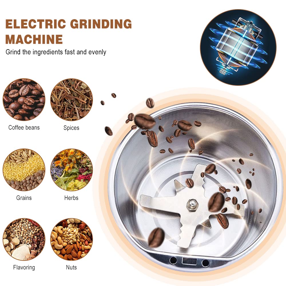 Premium Electric Coffee Grinder & Spice Grinder - Stainless Steel Blade with One-Touch Push Button - Perfect for Coffee Beans, Herbs, Peanuts & Grains (Blue) - Includes Integrated Brush & Spoon - Ideal for Home Kitchens & Coffee Shops