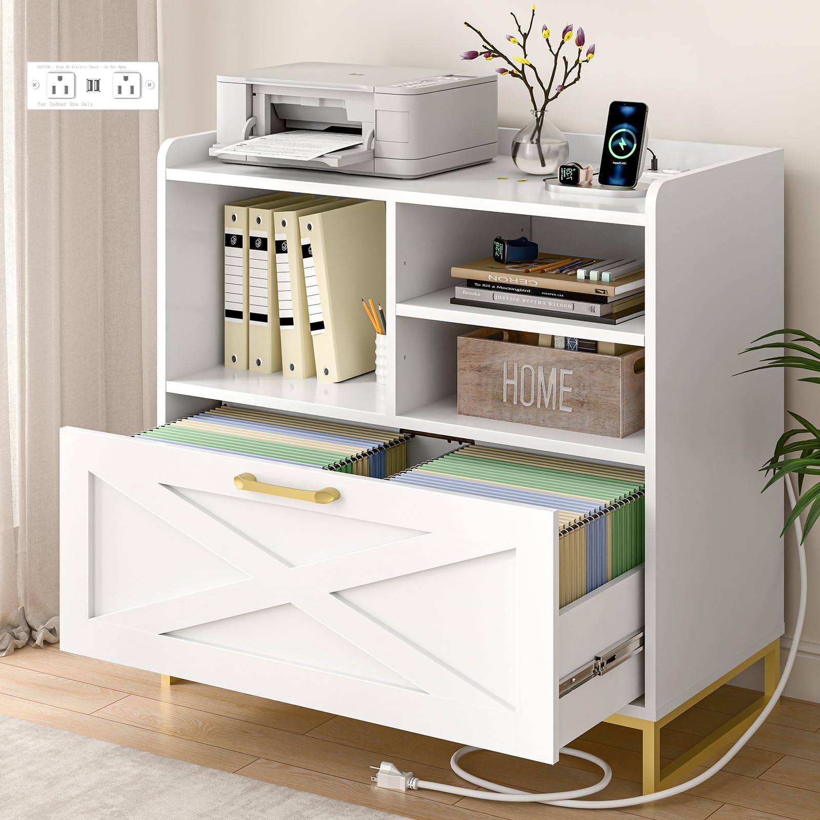 Modern Farmhouse Lateral File Cabinet with Charging Station - Large Wood File Storage Cabinet with Adjustable Shelves for Home Office Organization - White - Perfect for Office, Study Room & Home Workspace Storage