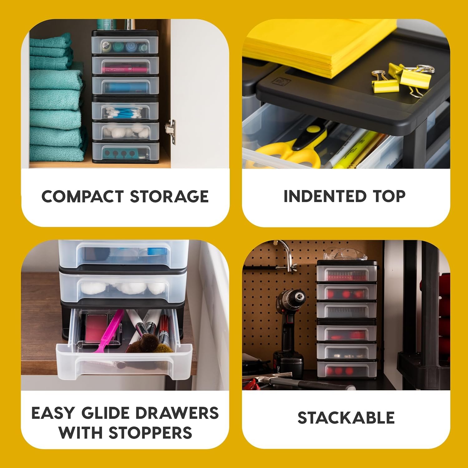 IRIS USA Plastic Stacking Desk Top 3-Drawer Storage Organizer, 2-Pack - Black Small Drawer Organizer for Makeup, Nail Polish, Stationery, Craft Supplies | Perfect for Bathroom, Office, Kitchen, Garage & Vanity Organization