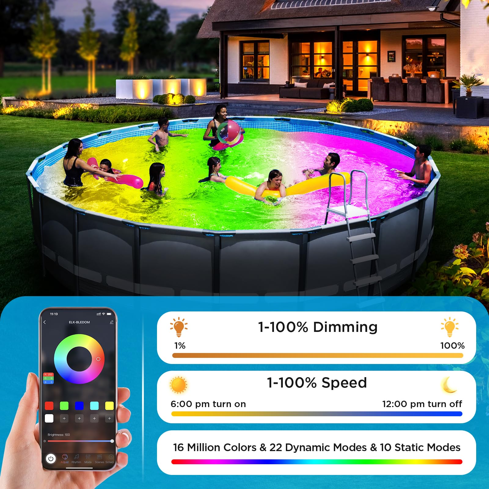 Upgraded 20W 12V RGBW Dimmable LED Pool Lights - IP68 Waterproof Submersible Lights for Above Ground & Inground Pools with APP Control, Music Sync, Magnets & 33FT Cord - Perfect for Backyard Parties, Night Swimming & Pool Decor