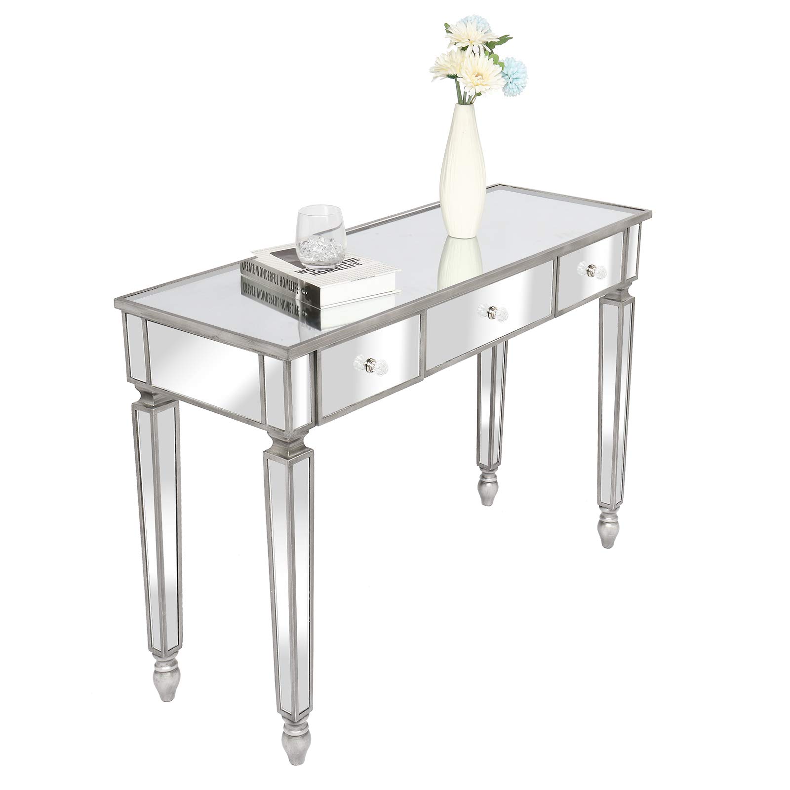 ixaer Silver Mirrored Dressing Table with 3 Drawers - Elegant Makeup Vanity Desk & Accent Console Table for Bedroom, Living Room or Hallway - Perfect for Women's Beauty Routine & Home Decor