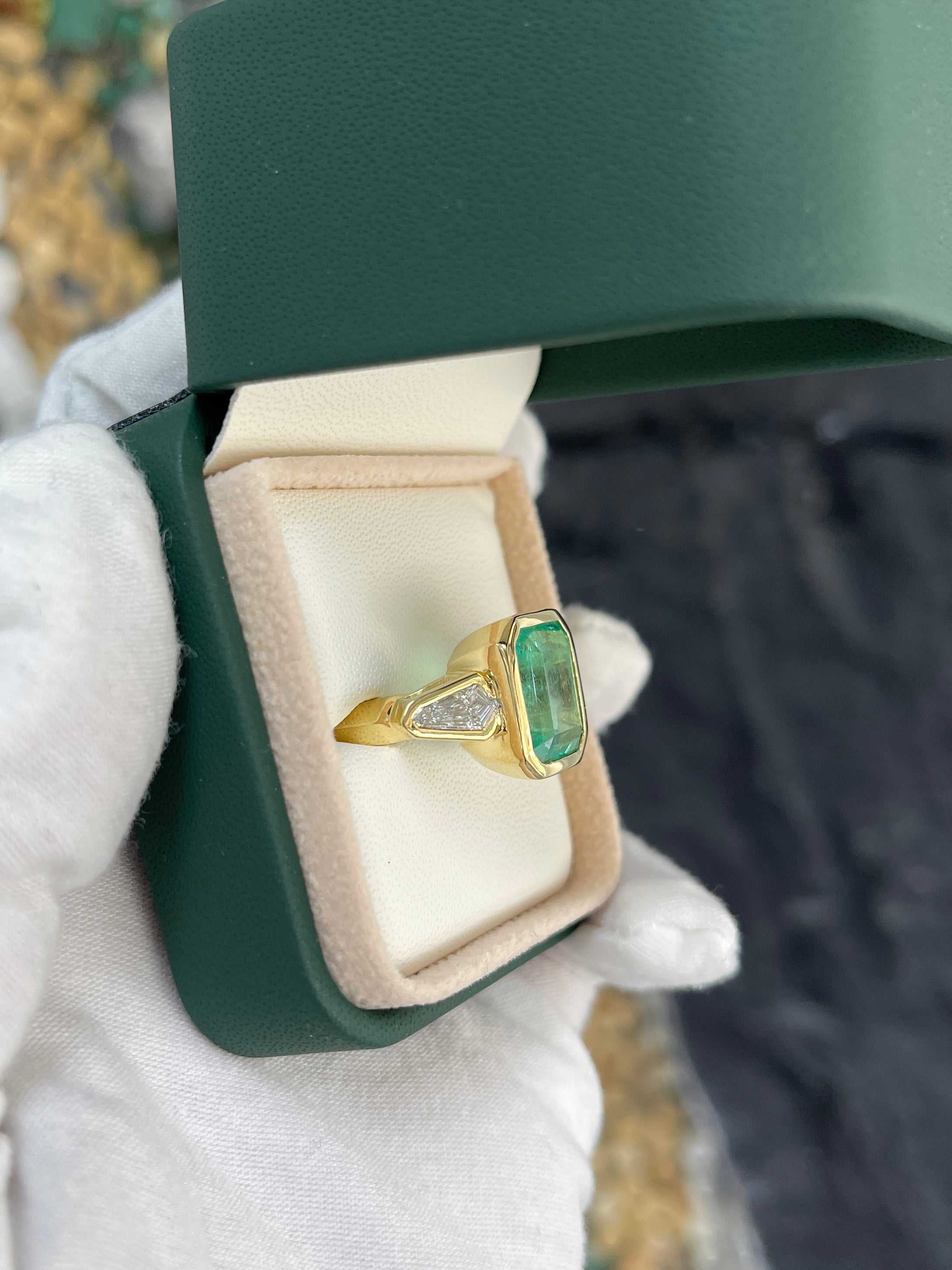 7.49tcw Colombian Emerald & Kite Diamond Three Stone Ring in 18K Gold Bezel Setting - Perfect for Engagement, Anniversary & Special Occasion Jewelry Gifts