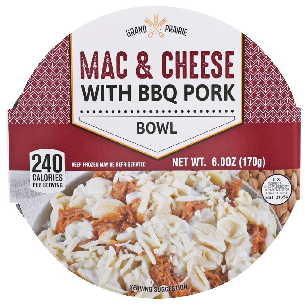 Grand Prairie Foods Macaroni and Cheese with BBQ Pulled Pork - 6oz (12 Pack) | Easy Microwave Meal for Camping, Office Lunches & Quick Dinners