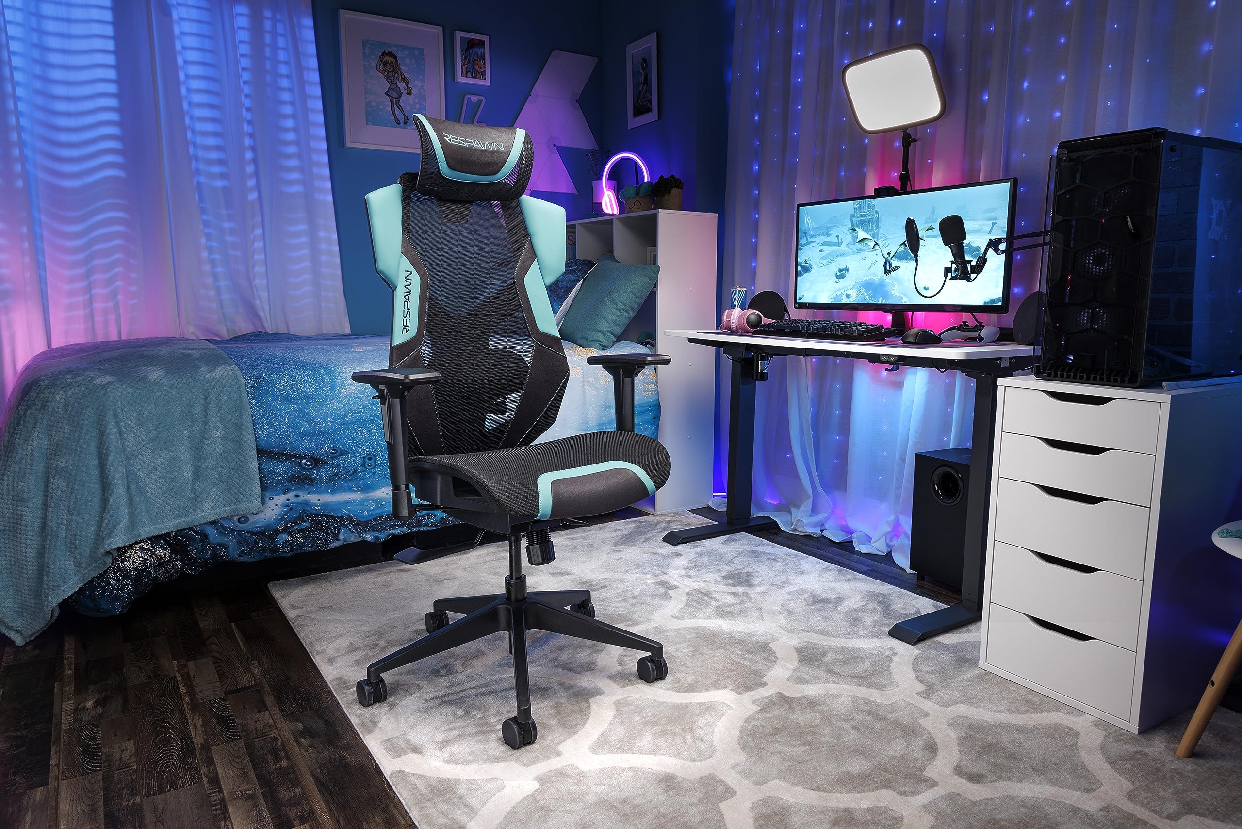 RESPAWN FLEXX Ergonomic Mesh Gaming Chair with Lumbar Support - Adjustable Recline, Tilt Tension & Armrests - 300lb Weight Capacity - Teal Office Chair for Computer Gaming, Work & Home Desk Setup
