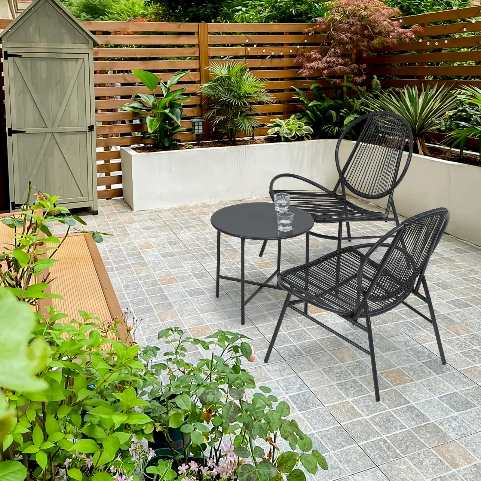 3-Piece Patio Conversation Set - All-Weather Rattan Acapulco Chairs & Round Table Bistro Set for Indoor/Outdoor Use - Perfect for Balcony, Poolside, Garden, Backyard & Patio Decor (Black)