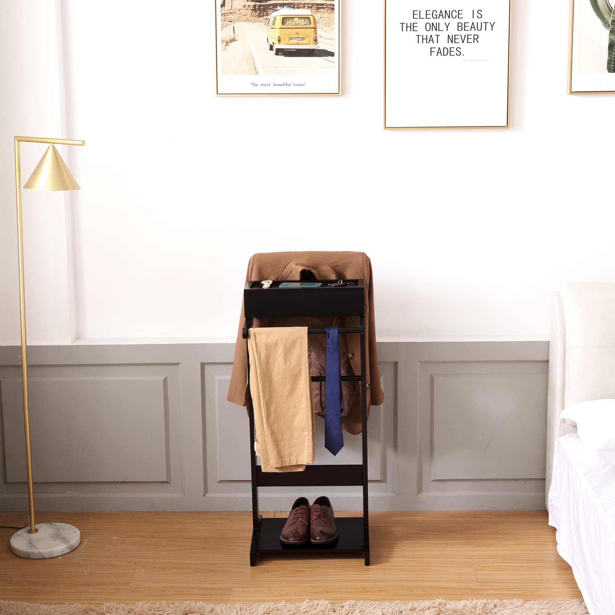 ODUWA Black Valet Stand for Men with Top Tray & Flip-up Storage Compartment - Premium Clothes Organizer for Entryway, Office, Bedroom & Living Room | Perfect for Suits, Jackets, Pants & Accessories