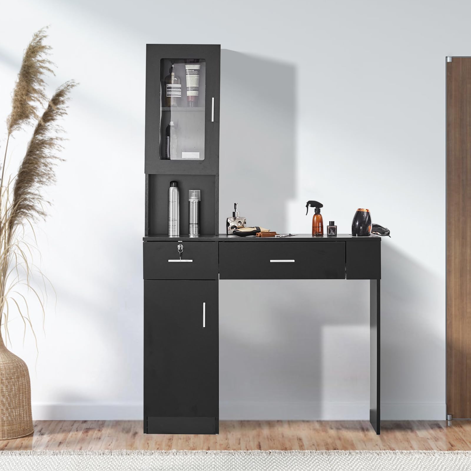 VEVOR Wall Mount Salon Station for Hair Stylists & Barbers - Black Beauty Spa Furniture with Storage Cabinet, 3 Cubbies & 2 Drawers (1 Lockable) - Perfect for Home Salons, Barber Shops & Professional Styling Stations