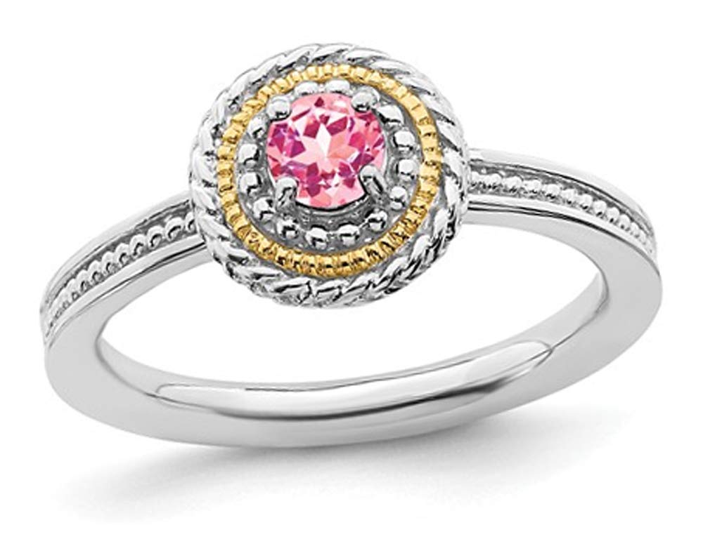1/4 Carat (ctw) Pink Tourmaline Sterling Silver Ring with 14K Gold Accents - Elegant Jewelry for Women, Perfect for Valentine's Day, Anniversary & Special Occasions