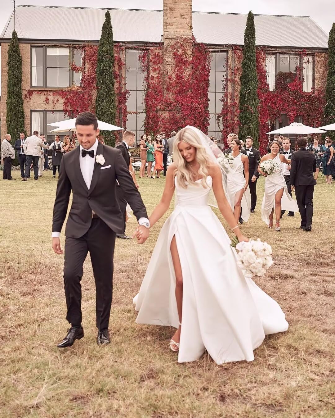 Elegant A-Line Satin Wedding Dress for Bride - Long V-Neck Pleated Gown with Side Slit | Perfect for Church Ceremony, Beach Wedding & Reception Party