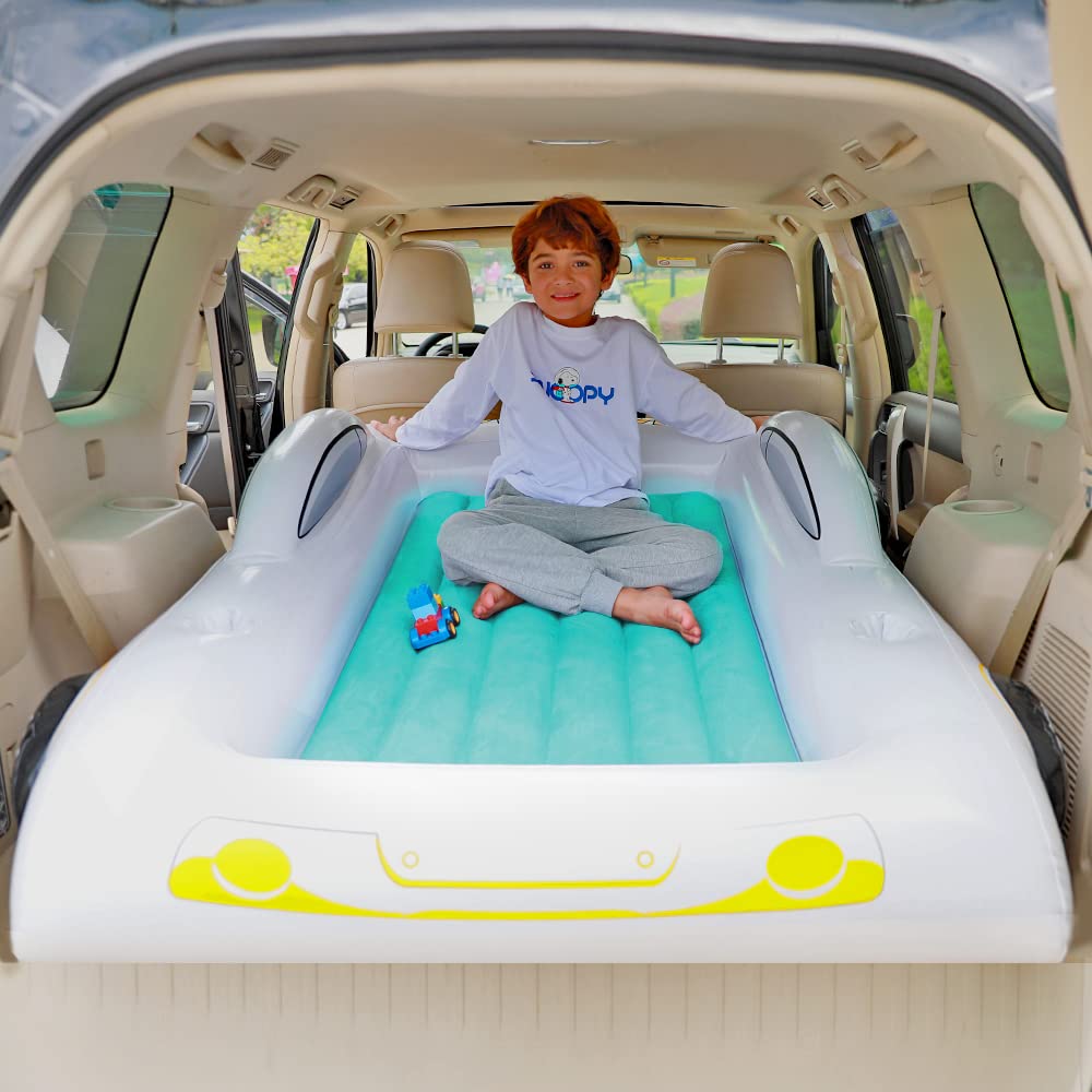 Inflatable Toddler Travel Bed - Portable Kids Air Mattress for Camping & Car Trips | Racecar Design with Safety Sides | Green Blow Up Sleeping Pad for Toddlers - Perfect for Travel, Sleepovers & Outdoor Adventures