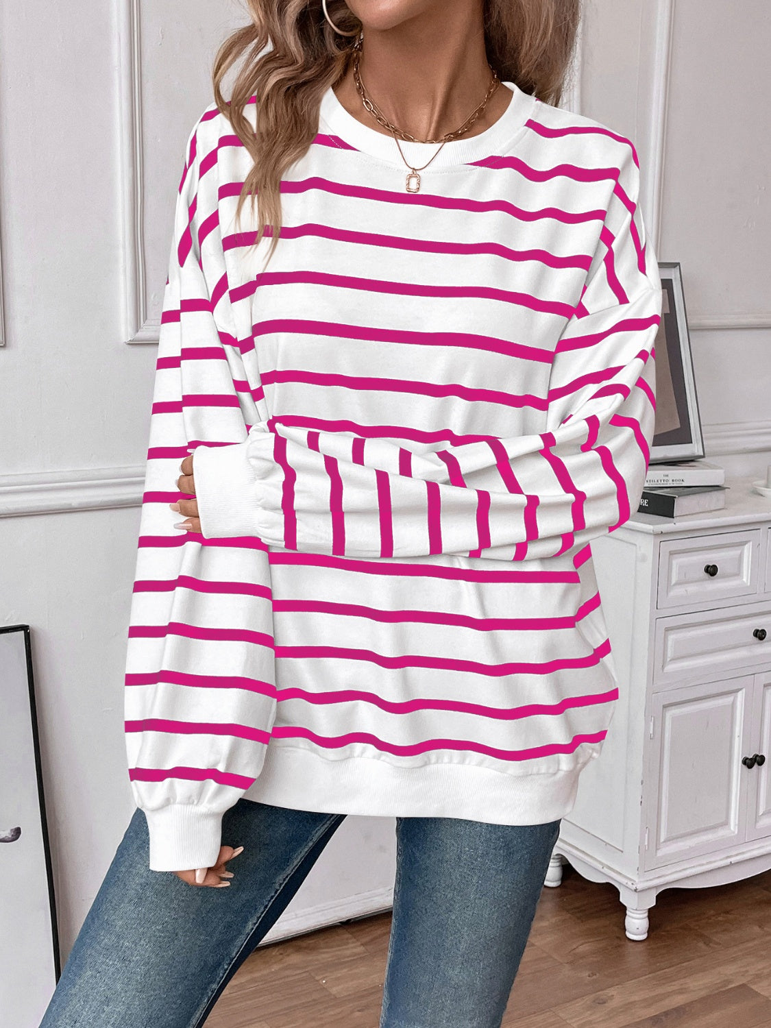 Lovelet Striped Round Neck Long Sleeve Sweatshirt for Women - Cozy Casual Pullover Top for Fall & Winter - Perfect for Outfits, Layering and Daily Wear