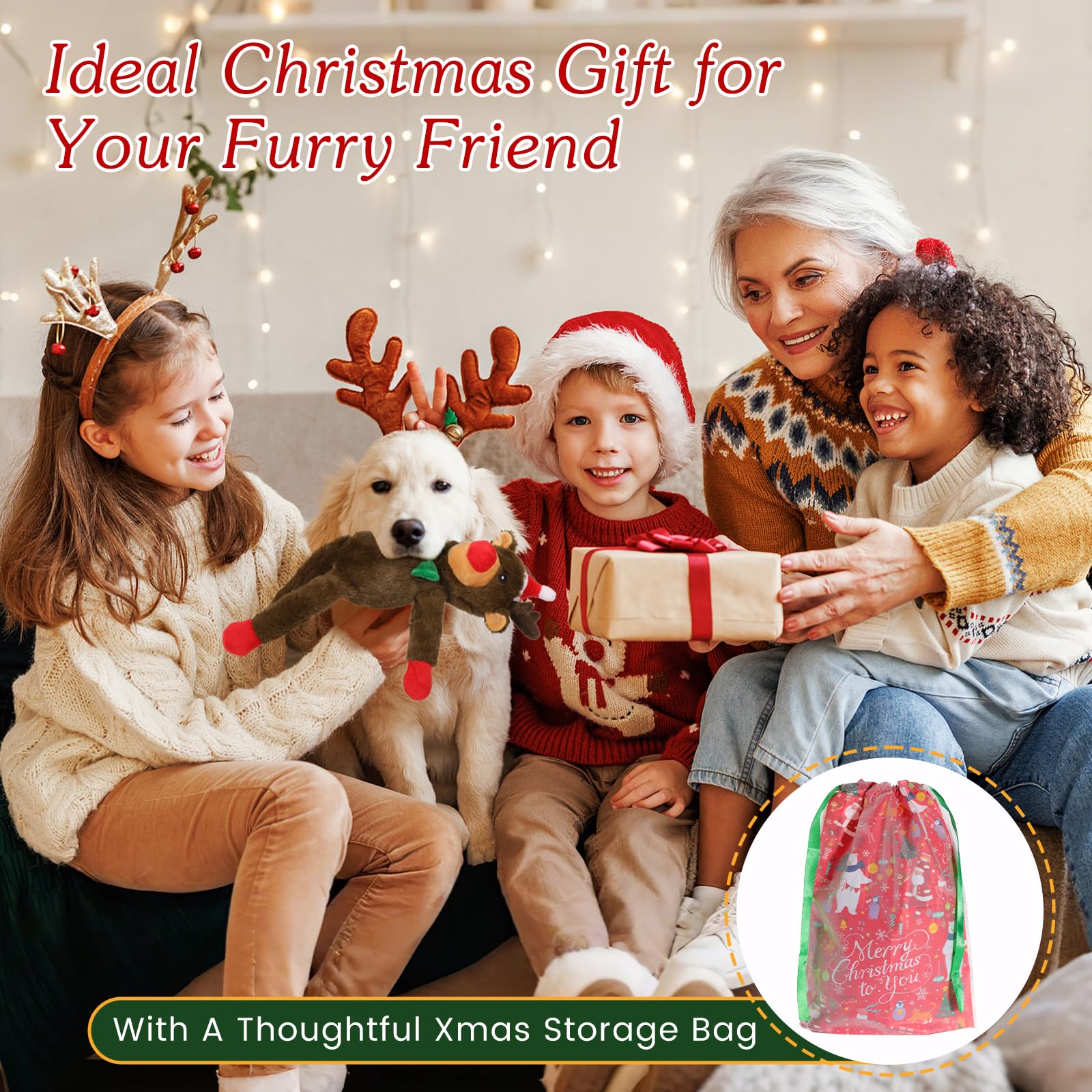 Christmas Squeaky Dog Toys - Xmas Reindeer Plush Chew Toy with Squeakers for Small & Medium Dogs | Puppy Teething Toy with Chew Guard | Holiday Pet Gift for Indoor Play & Training (Dark Brown)