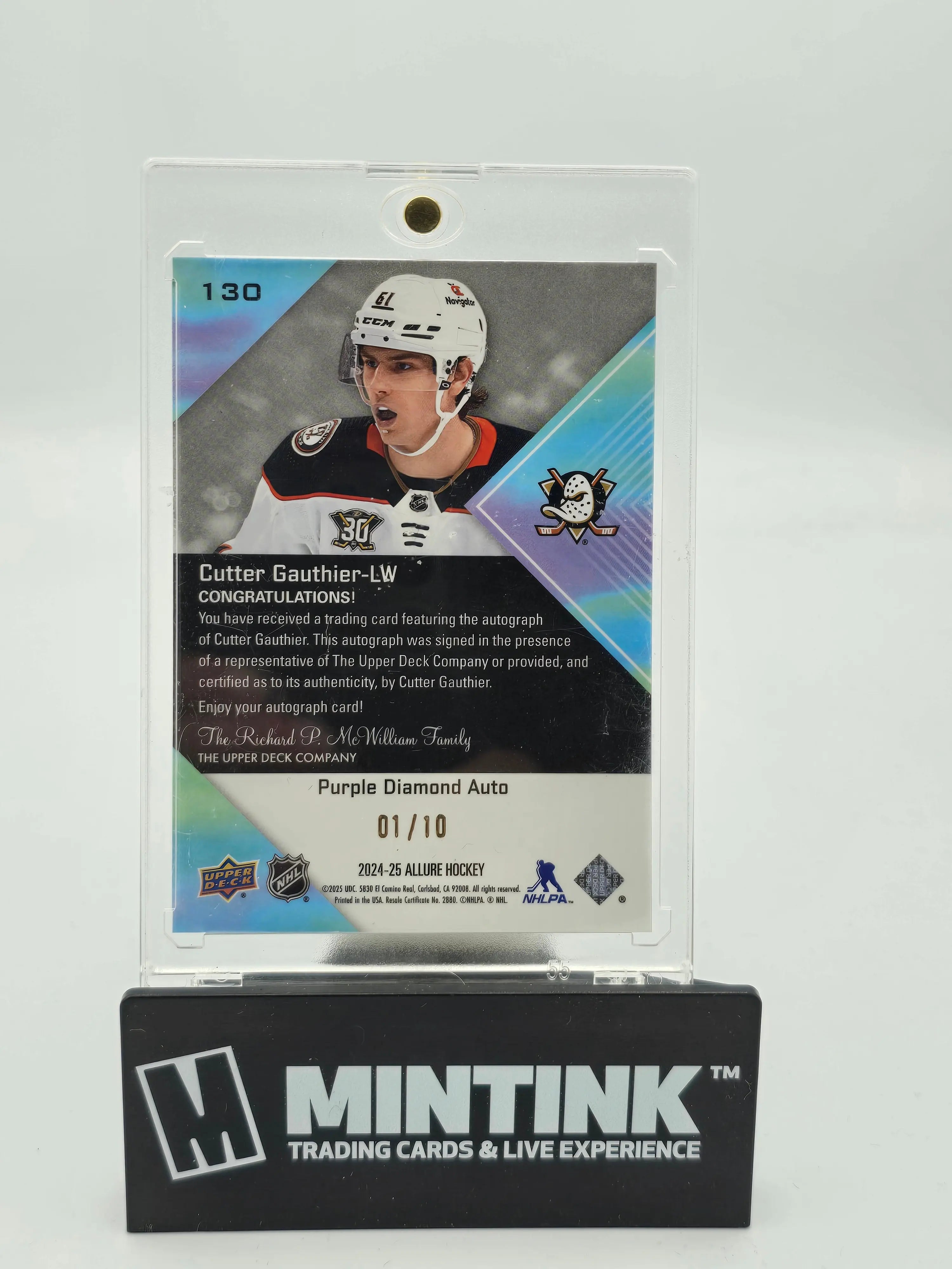 2024-25 Upper Deck Allure Hockey Cutter Gauthier Rookie Card Purple Diamond Auto 1/10 - Rare Collectible for Hockey Fans & Sports Memorabilia Enthusiasts