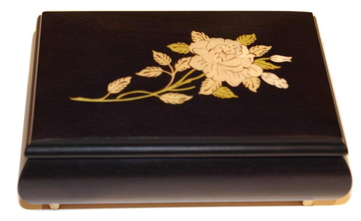 Elegant Matte Black Floral Italian Inlaid Music Jewelry Box - Customizable Tune Options - Perfect for Gift Giving, Home Decor & Jewelry Storage