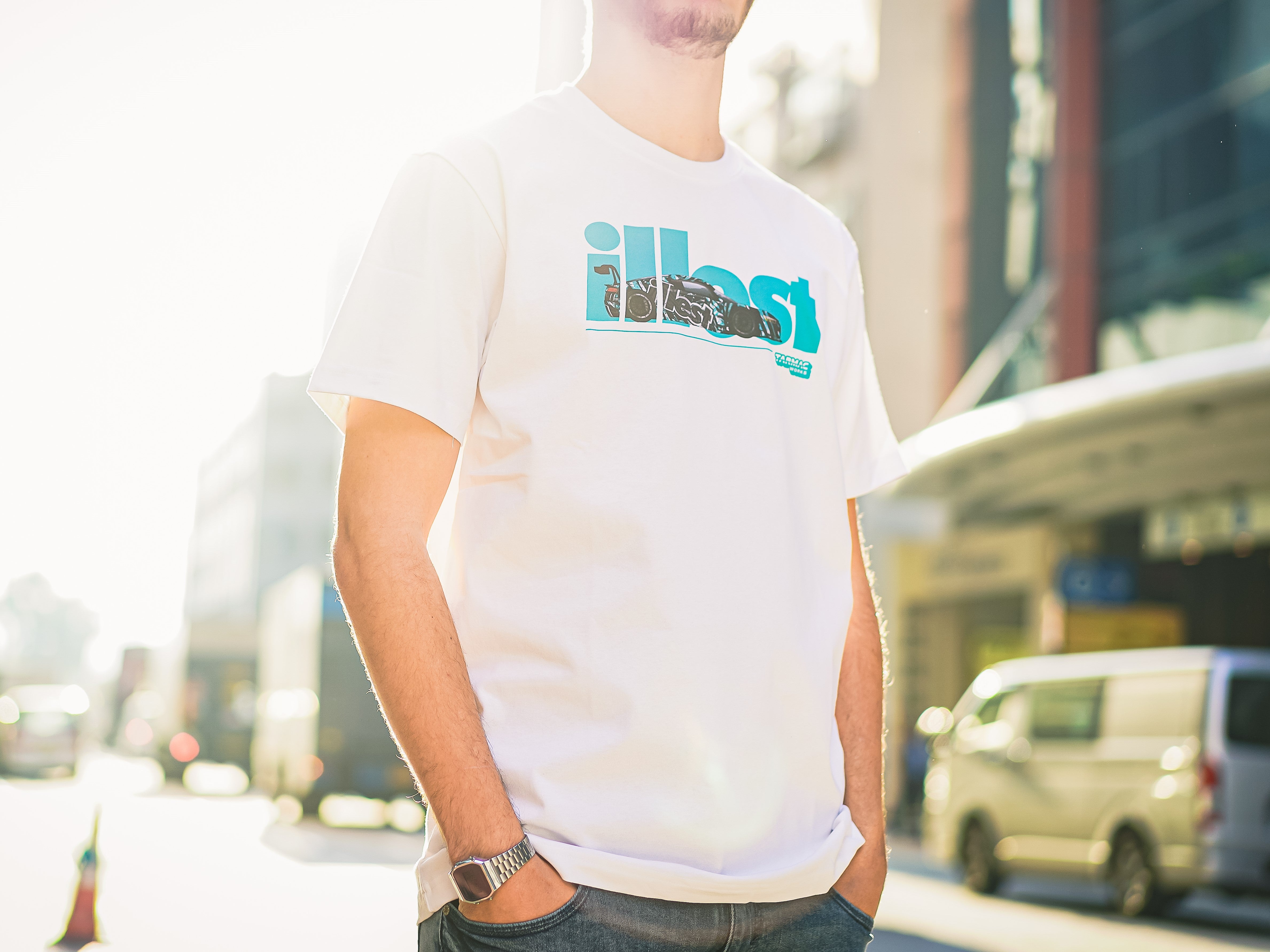 Illest x Tarmac Works Collaboration T-Shirt - Camouflage R8 Design in White | Streetwear Fashion for Car Enthusiasts & Urban Style