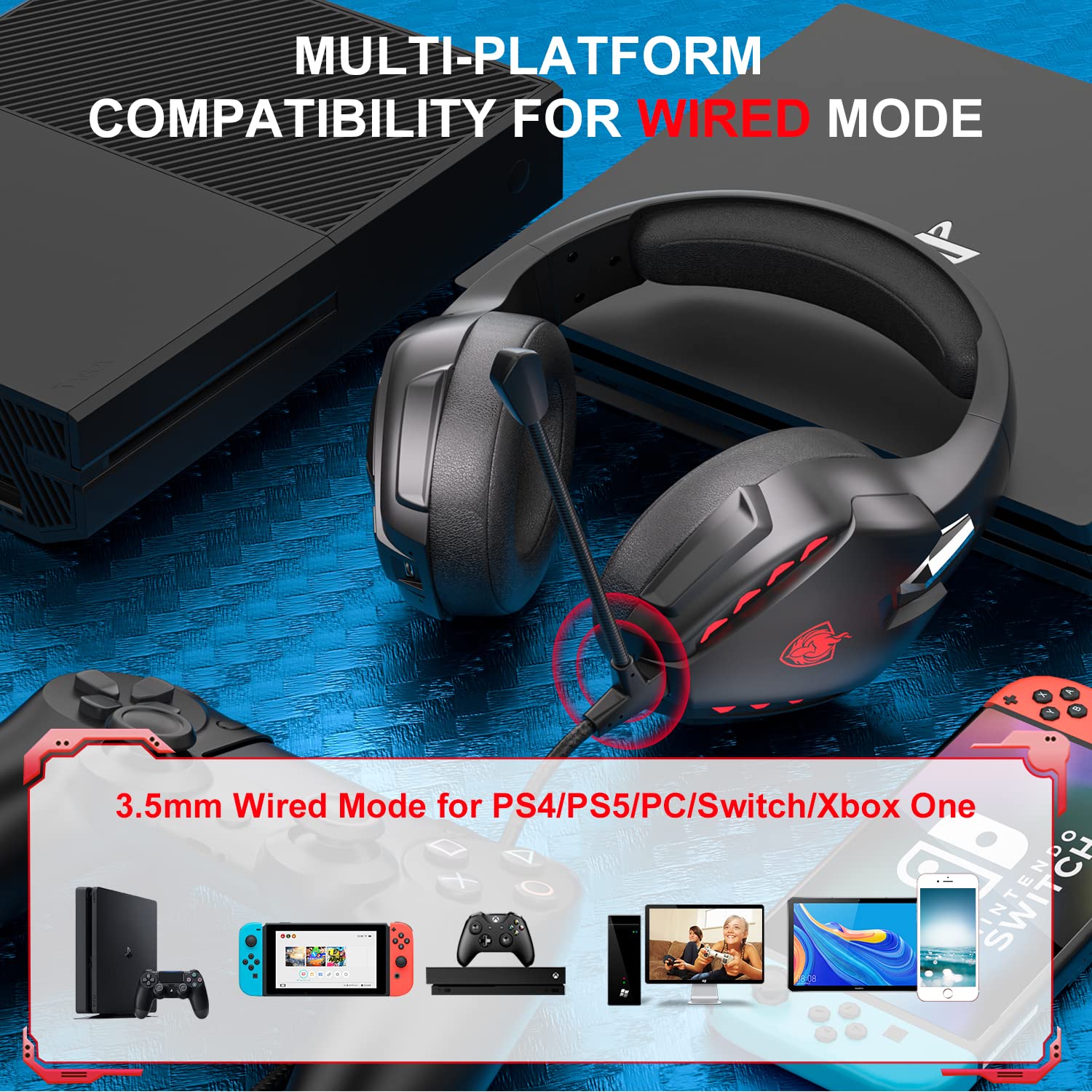PHOINIKAS PS5 Gaming Headset - Wireless Bluetooth 5.3 Headphones with Stereo Sound & Detachable Mic for PS4, PS5, PC, Nintendo Switch, Xbox One, Laptop, Phone & Tablet - 40H Playtime (Red) | Perfect for Gaming, Streaming & Online Meetings