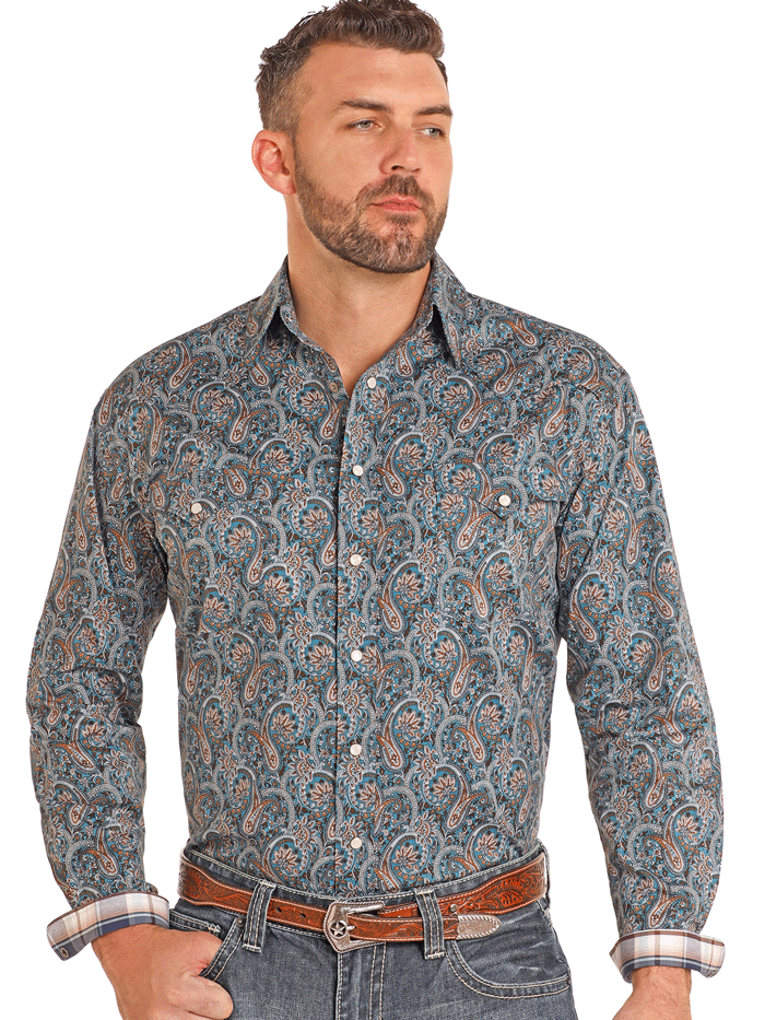 Men's Long Sleeve Snap Western Shirt - Teal Plaid Cowboy Shirt for Ranch Work, Rodeo & Casual Wear | Panhandle RMN2S04604