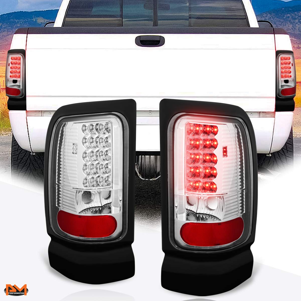 PM PERFORMOTOR Full LED Tail Lights Brake Lamps Assembly for 94-02 Dodge Ram - Chrome Housing & Clear Lens - Enhanced Visibility & Style for Pickup Trucks