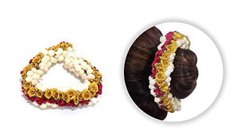 Elegant Morges Flower Gajra Hair Accessory for Women - Red & Gold Hair Jewelry (20g, Pack of 1) - Perfect for Weddings, Parties & Indian Traditional Events