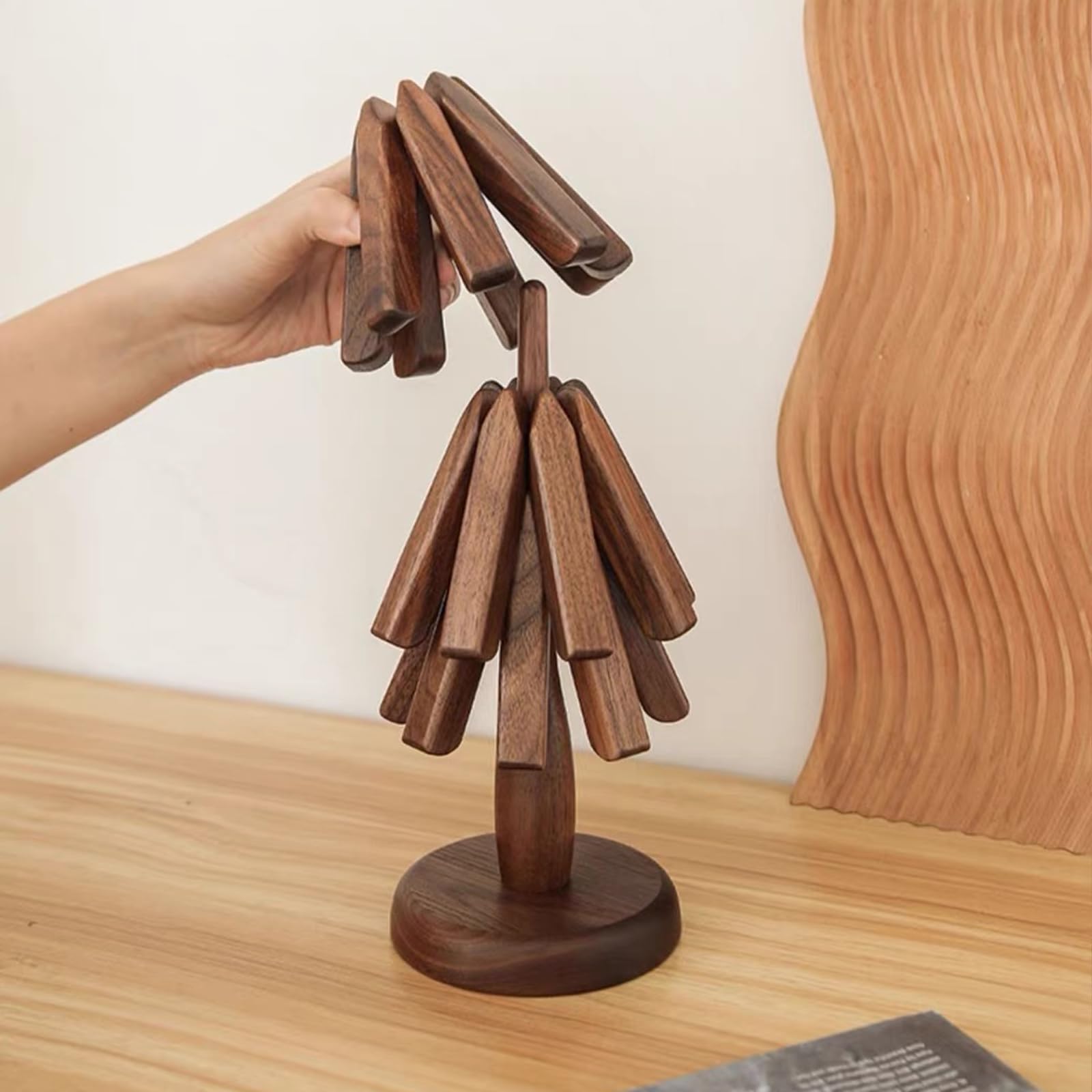 Heat Resistant Wooden Trivet Set of 3 - Non-Slip Foldable Christmas Tree Shaped Coasters for Pots, Pans, Plates & Drinks - Perfect for Holiday Dining, Kitchen Protection & Table Decor