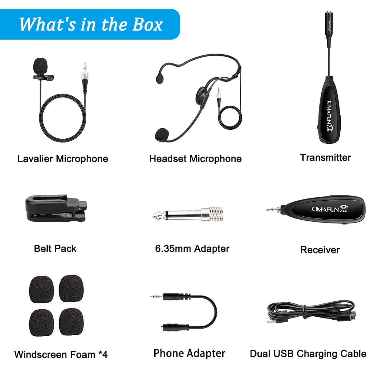 KIMAFUN 2.4G Wireless Microphone System - Dual Headset & Lavalier Lapel Mics for iPhone, Android, Laptop & Speaker | Perfect for Teaching, Recording, Vlogging, Broadcasting & Live Streaming (Model G102-3)