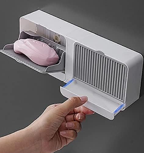 Prexi No-Drill Wall Mounted Soap Holder with Lid - Double Grid Drainage Soap Dish for Bathroom, Kitchen & Laundry - Adhesive Soap Storage Box with Drain Tray - Perfect for Small Spaces, RVs & Apartments