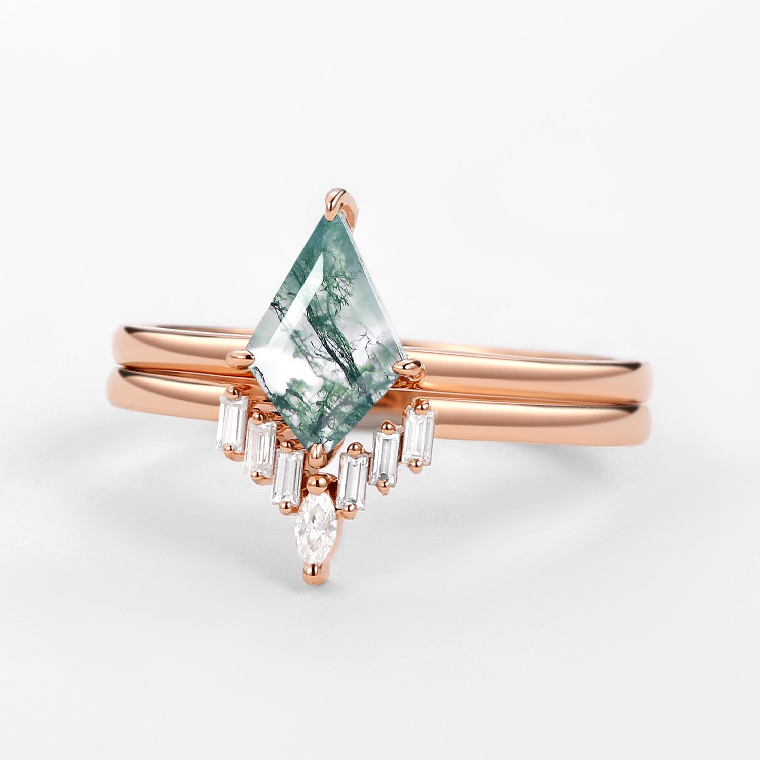 Moss Agate Baguette Moissanite Engagement Ring Set - 2 Piece Wedding Band for Women, Vintage Style Dainty Stackable Rings - Perfect for Proposals, Anniversaries & Bridal Jewelry