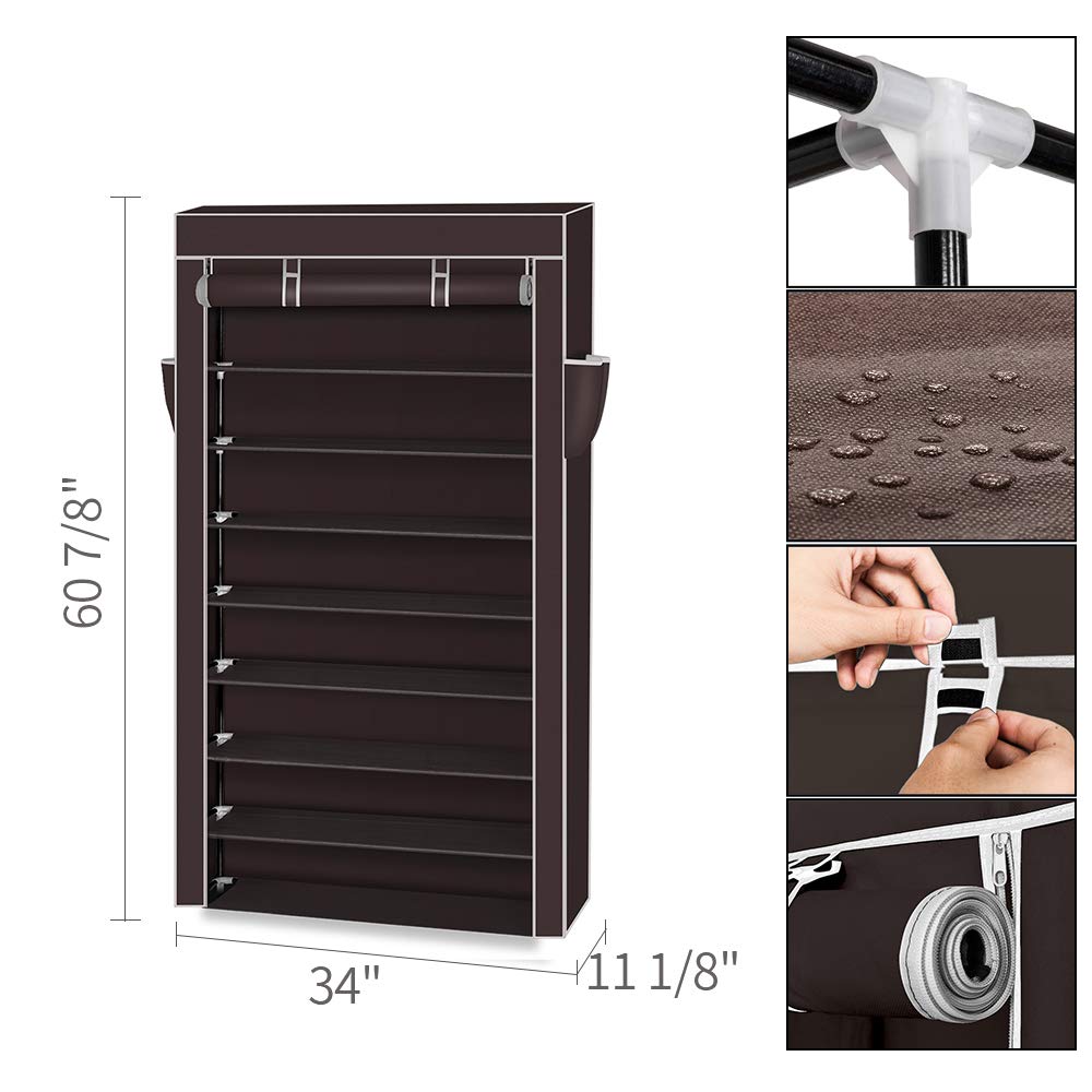 10-Tier Non-Woven Fabric Shoe Rack with Dustproof Cover - Large Shoe Storage Organizer with 2 Side Pockets for Closet, Bedroom, Garage - Space Saving Dark Brown Shoe Shelf for Sneakers, Boots & Heels