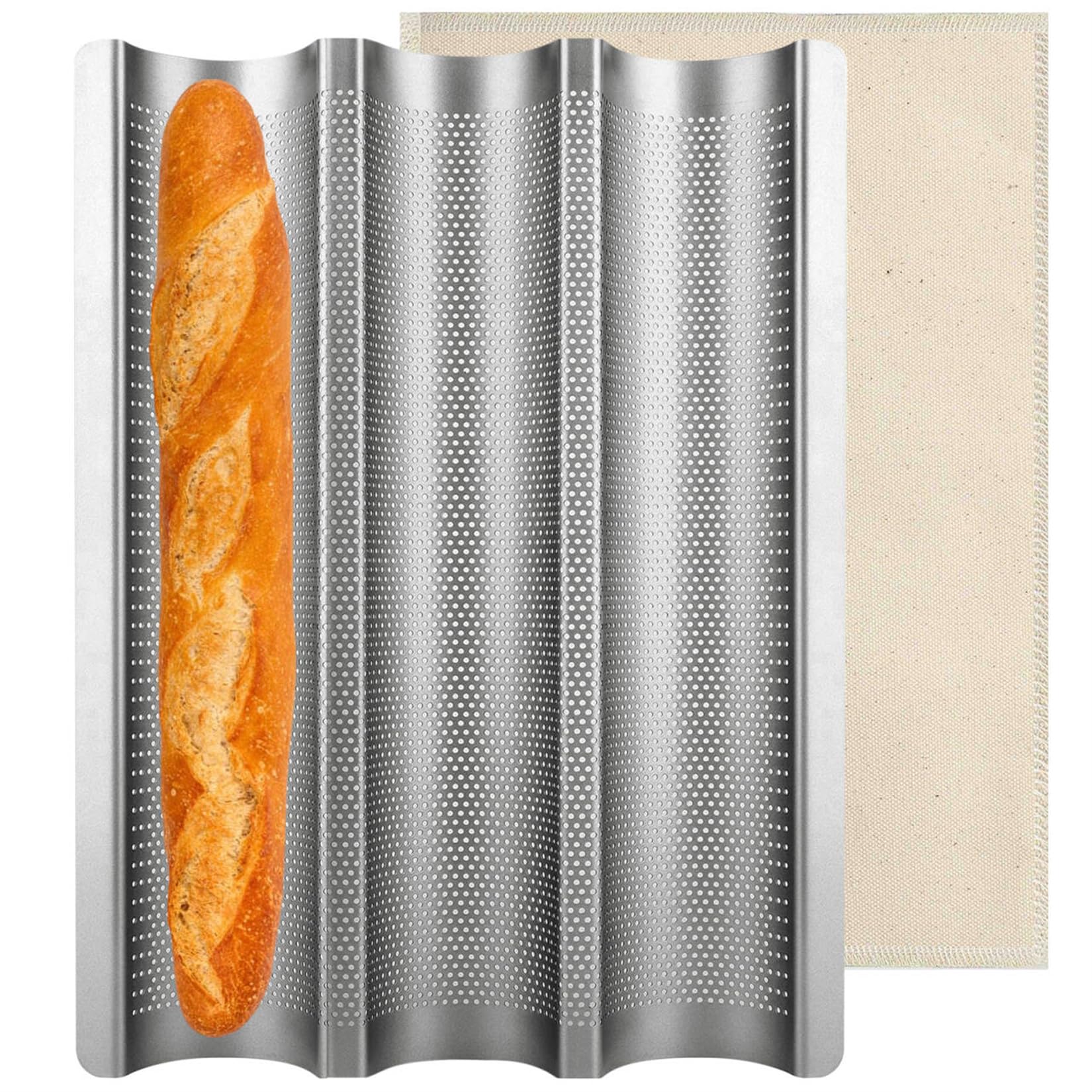Nonstick Baguette Pan - 3 Loaves French Bread Baking Tray with Thick Proofing Cloth & Dough Couche - 15