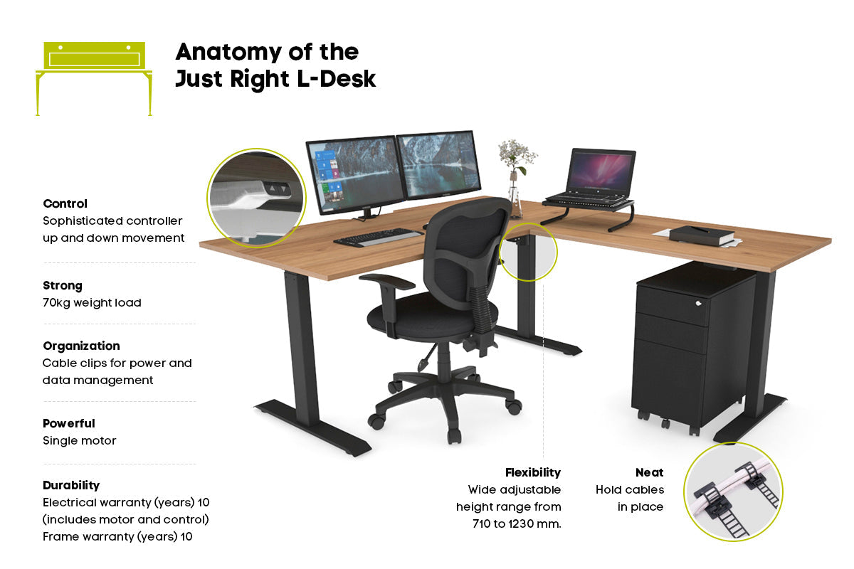 Adjustable Height Corner Workstation with Black Frame [1600L x 1450W] - Ergonomic Home Office Desk for Small Spaces & Modern Workspaces