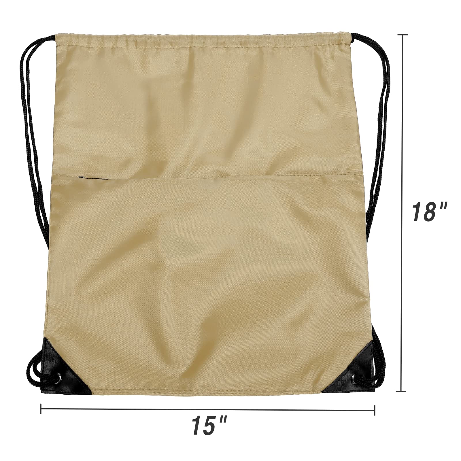 Lightweight 210D Nylon Drawstring Backpack with Zipper Side Pocket - Foldable Sports Gym Tote Bag for Men & Women (Khaki) - Perfect for Workouts, Travel, School & Outdoor Activities