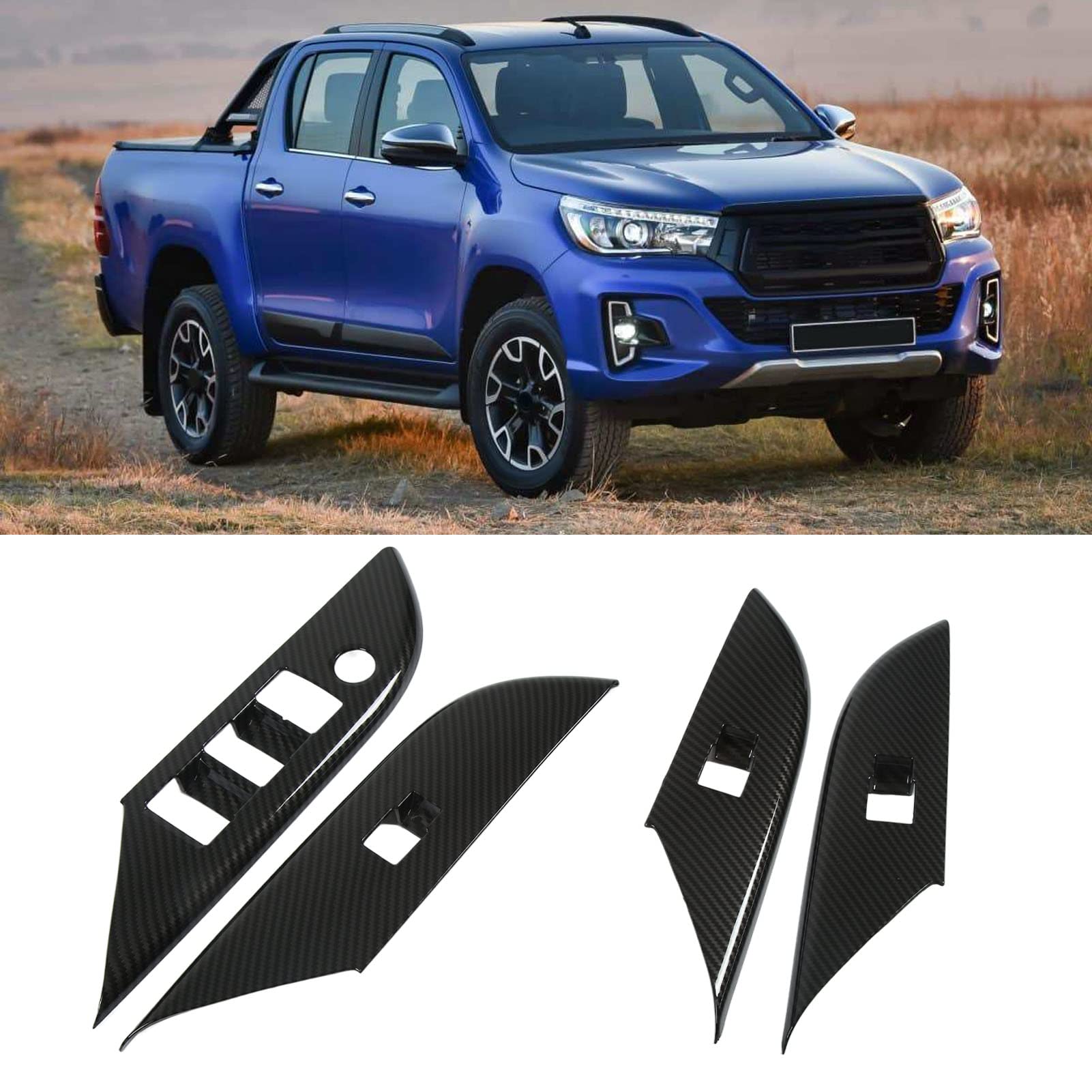 Carbon Fiber Door Lock Switch Trim & Window Control Panel Cover (4 Pcs) - Compatible with Toyota Hilux 2015-2021 LHD - Interior Car Accessories for Enhanced Style & Protection - Perfect for Off-Roading & Daily Commute