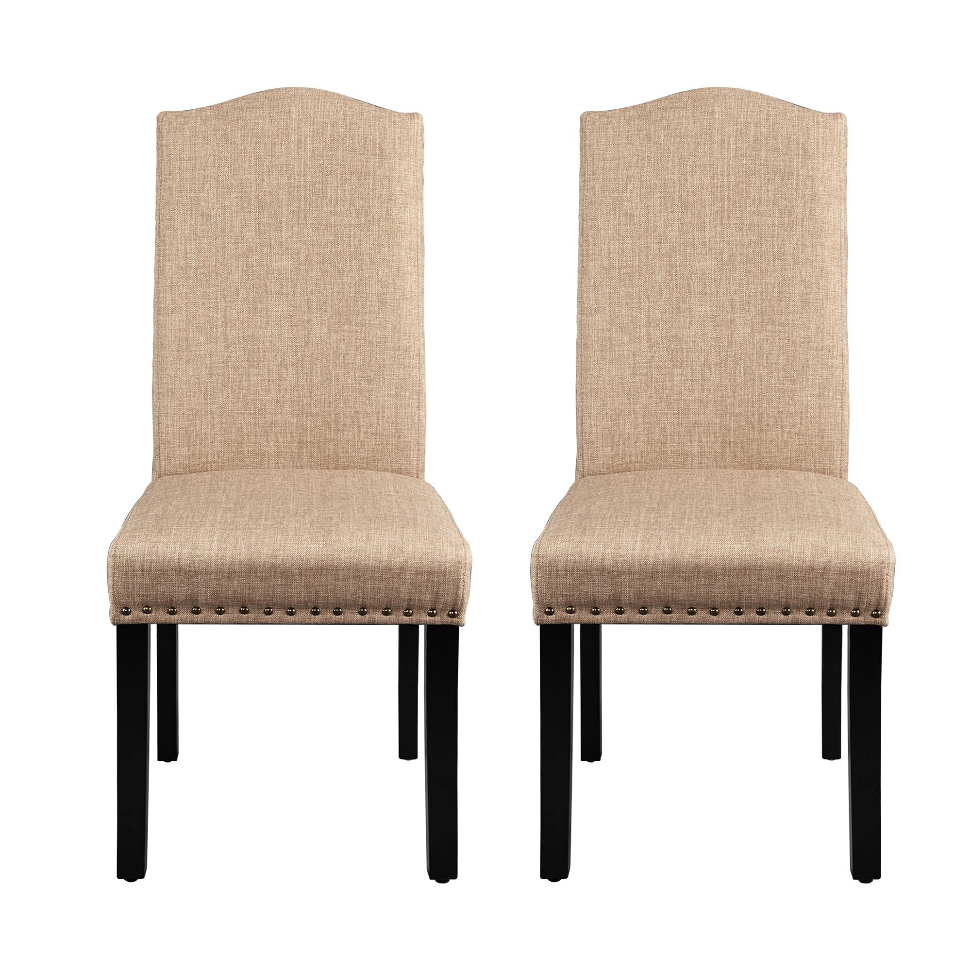 Premium Fabric Upholstered Parson Dining Chairs Set of 2 - Classic Style with Rubber Wood Legs & Leather Cushion for Kitchen, Dining Room, Living Room or Hotel | Comfortable Seating for Family Gatherings & Dinner Parties (Khaki)