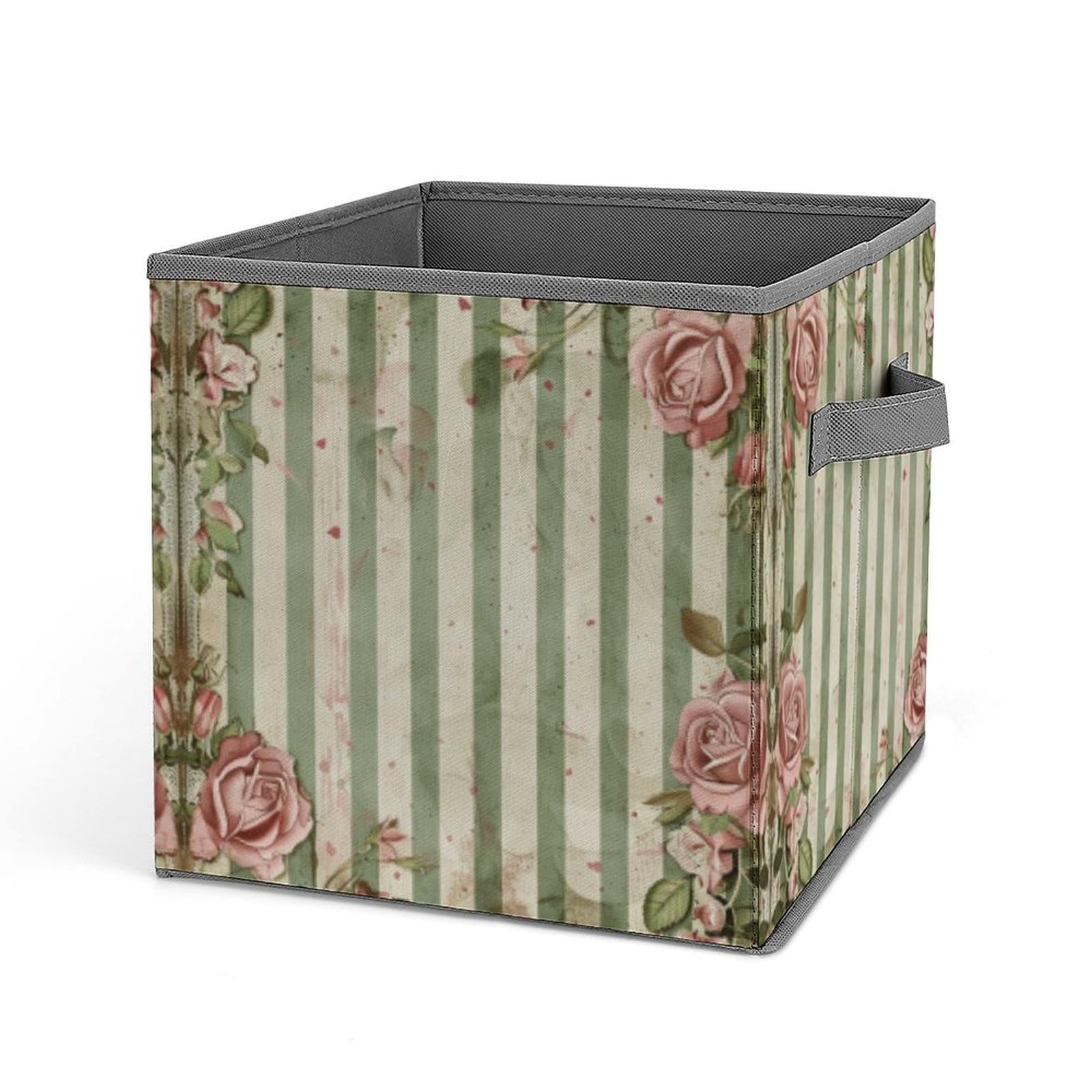 Foldable Fabric Storage Bins with Handles - Cube Organizer for Clothes, Toys & Home Organization (Roses & Green Plants Design) | Perfect for Closet, Cabinet & Shelf Storage - Ideal for Bedroom, Nursery & Dorm Organization