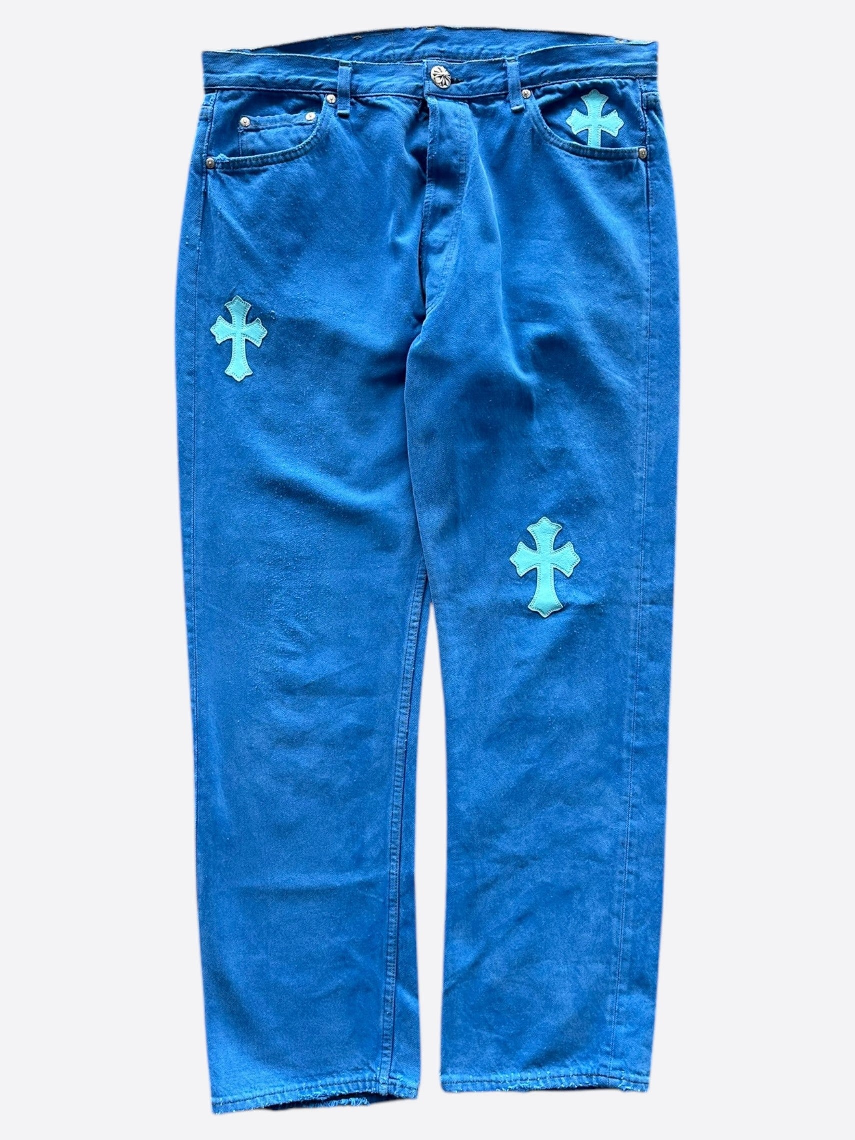 Chrome Hearts x Levi's London Exclusive Blue Dyed Cross Patch Denim Jeans for Men - Stylish Vintage Designer Pants for Casual Wear & Street Fashion