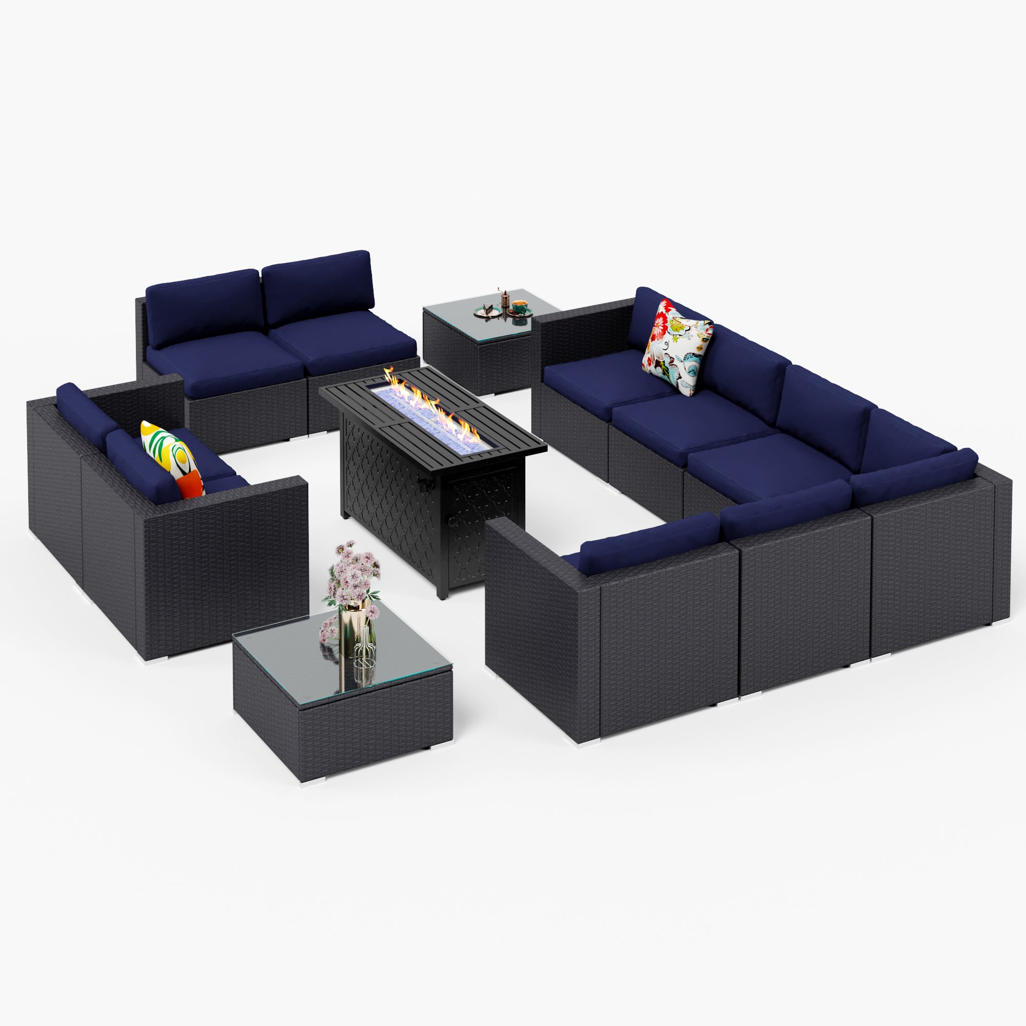 PHI VILLA Outdoor Rattan Wicker Sectional Sofa Set with 50,000 BTU Gas Fire Pit Table - DIY Patio Furniture for Backyard, Garden & Poolside (45