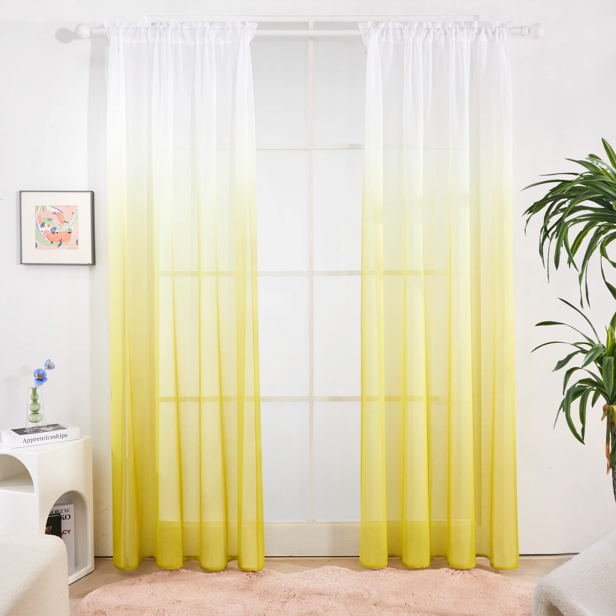 Deconovo Ombre Yellow Semi Sheer Curtains - Faux Linen Voile Window Drapes, 52x90 Inch, 2 Panels, Rod Pocket Gradient Sheer Curtains for Bedroom & Living Room - Light Filtering & Privacy, Sun Protection & Home Decor
