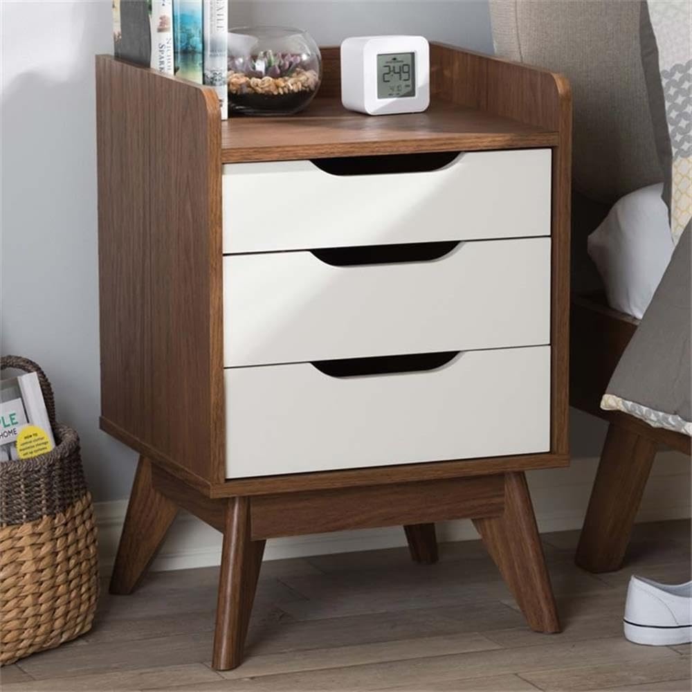 BOWERY HILL Modern 3-Drawer Nightstand - White & Walnut Finish Bedside Table for Bedroom, Living Room, or Guest Room - Compact Storage Solution with Smooth Gliding Drawers