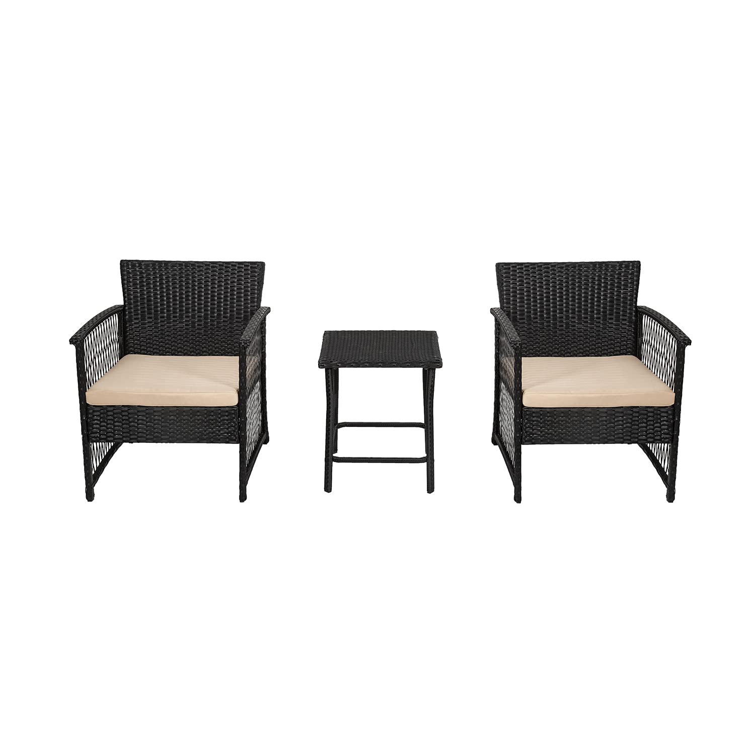 3PC Rattan Wicker Bistro Conversation Seating Set for Outdoor Patio, Black/Gray Black/Beige - Perfect for Garden, Balcony, and Backyard Relaxation