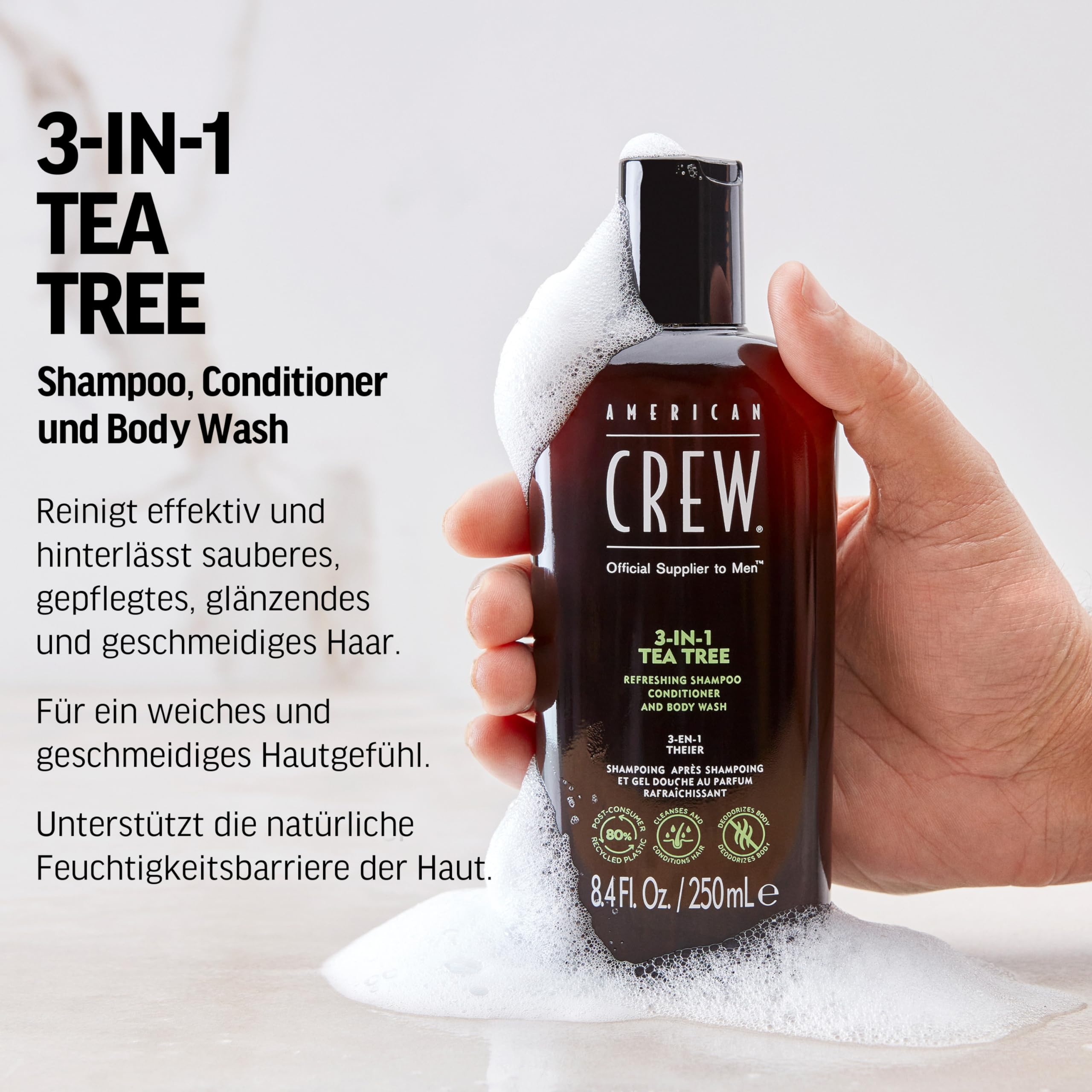 American Crew 3-in-1 Tea Tree Shampoo, Conditioner & Body Wash for Men - 33.8oz Daily Hair & Body Cleanser - Refreshing Mint Scent - Ideal for Gym, Travel & Everyday Use
