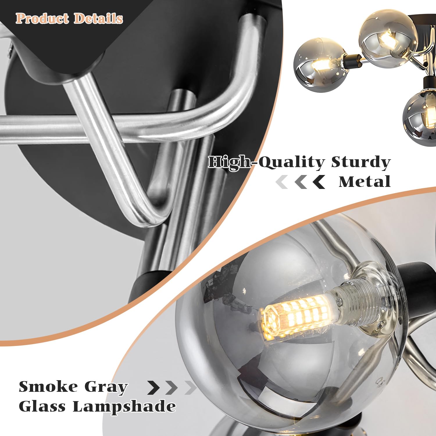 BOKT 5-Light Sputnik Chandelier Semi-Flush Mount Ceiling Light Fixture with Smoked Glass Globes - Modern Pendant Lighting for Kitchen, Dining Room, Living Room & Bedroom (Silver Finish, Bulbs Included) | Perfect for Mid-Century Modern Homes and Contemporary Spaces