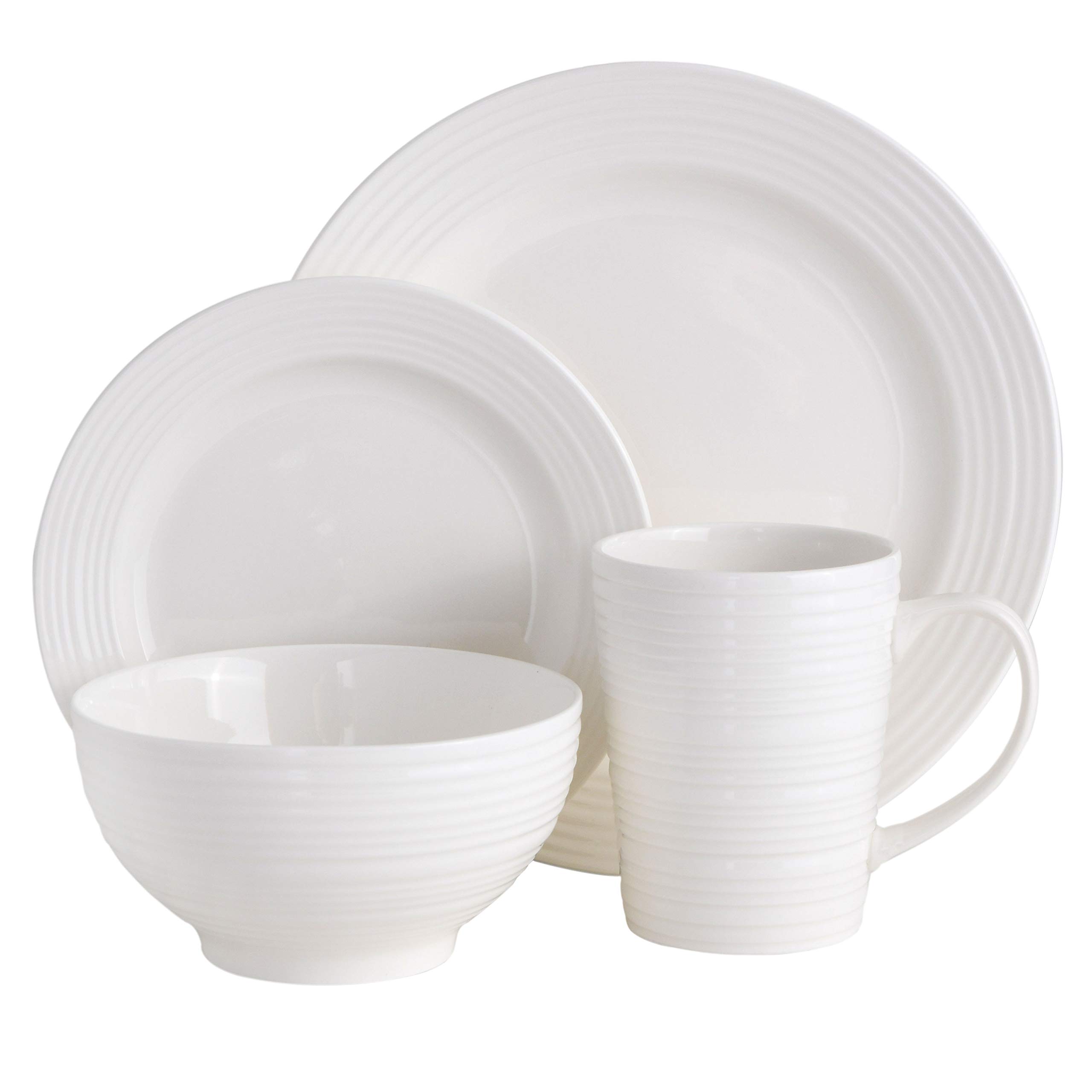 Gibson Home Amelia Court 16-Piece Dinnerware Set - White Porcelain Dinner Plates, Salad Plates, Bowls & Mugs - Elegant Tableware for Everyday Dining, Dinner Parties & Holiday Gatherings